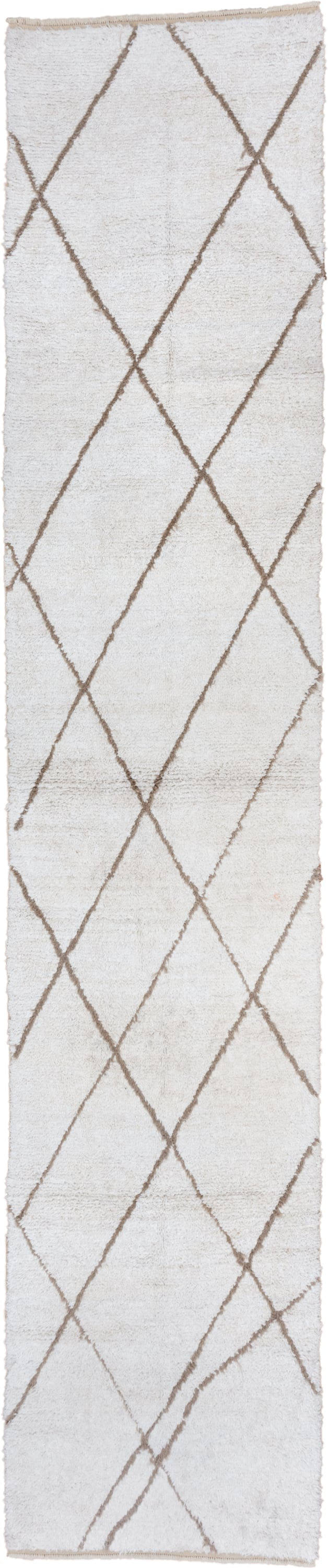 3' x 14' one-of-a-kind handmade vintage Moroccan runner rug. Color palette: ivory, taupe, cream, beige, gray