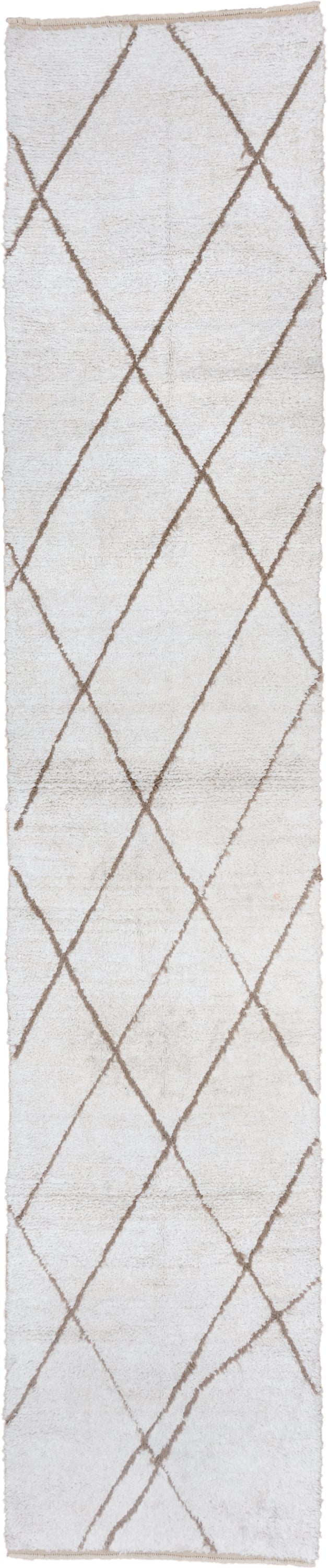 3' x 14' one-of-a-kind handmade vintage Moroccan runner rug. Color palette: ivory, taupe, cream, beige, gray