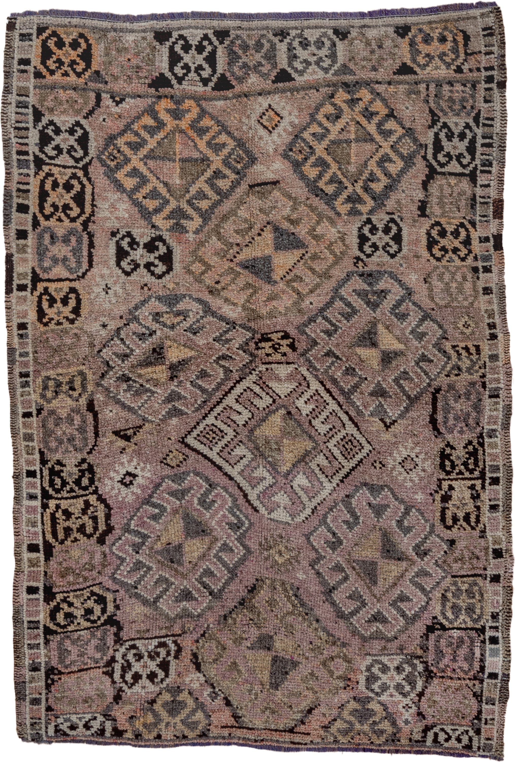 4' x 5' one-of-a-kind handmade vintage Kars small size rug. Color palette: rose, taupe, charcoal, ivory, gold, slate, mauve