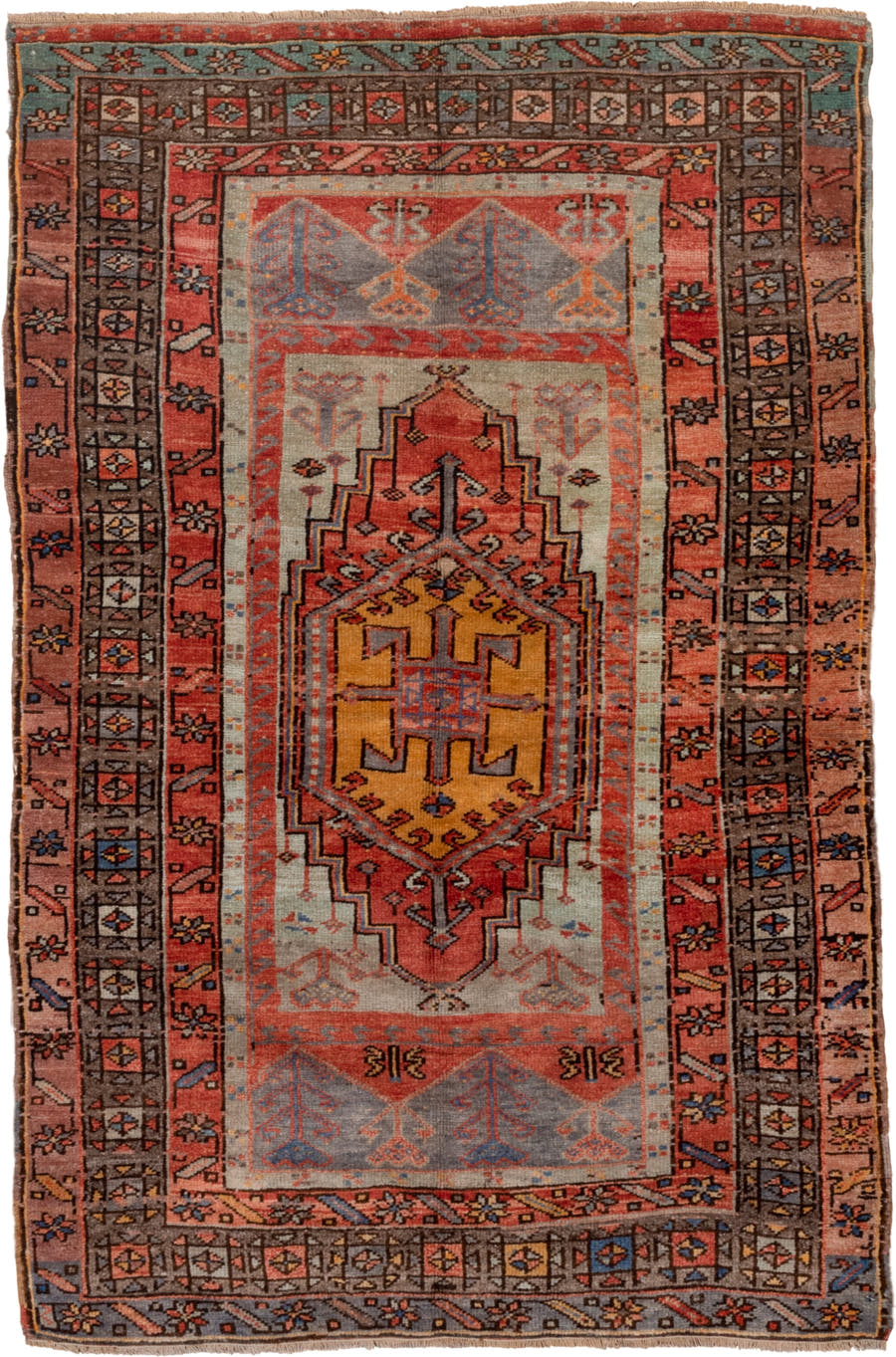 3' x 5' one-of-a-kind handmade vintage Oushak small size rug. Color palette: coral, terracotta, ivory, slate, brown, gold