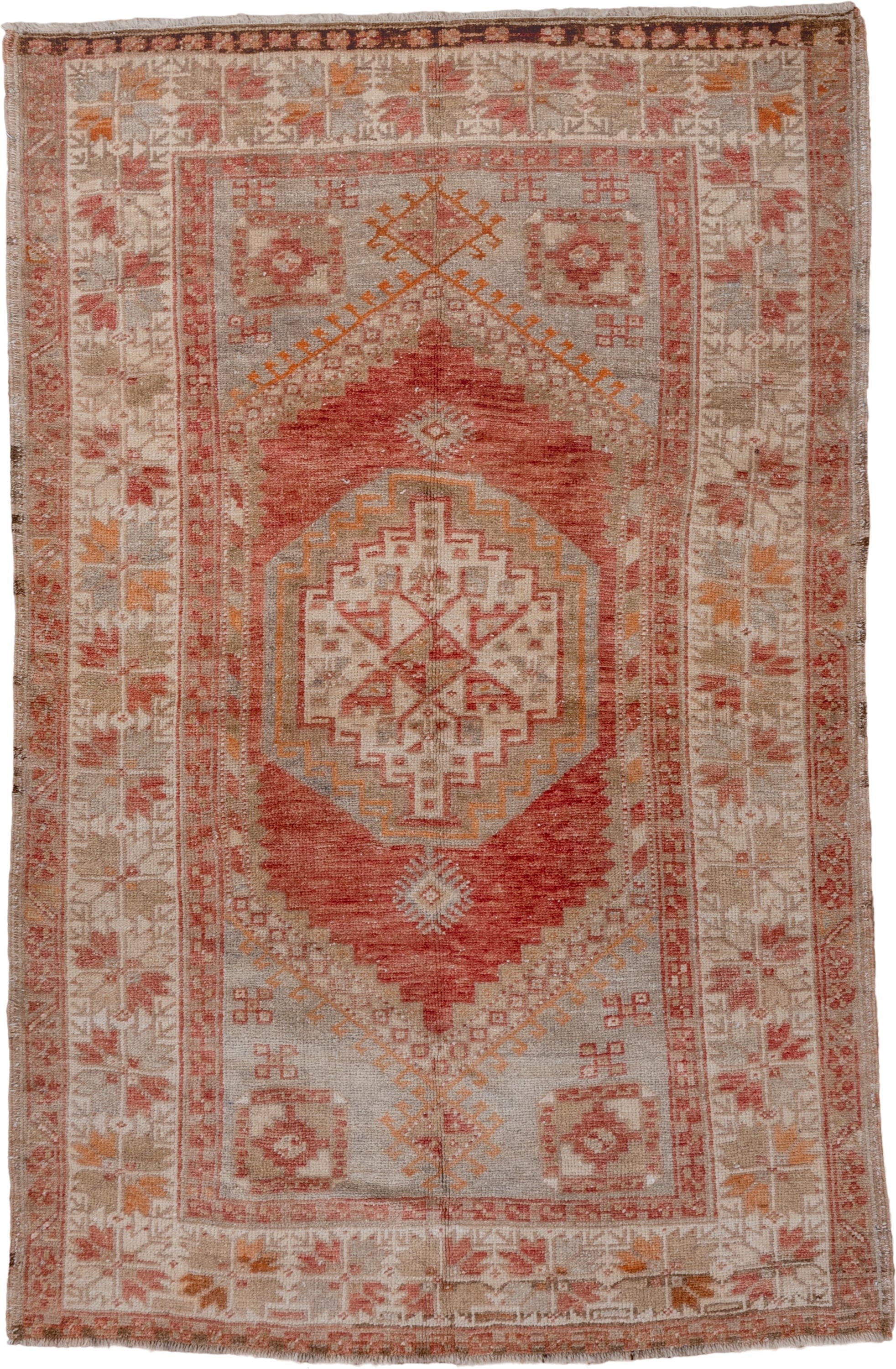 3' x 5' one-of-a-kind handmade vintage Kars small size rug. Color palette: ivory, coral, taupe, rust, saffron, rose