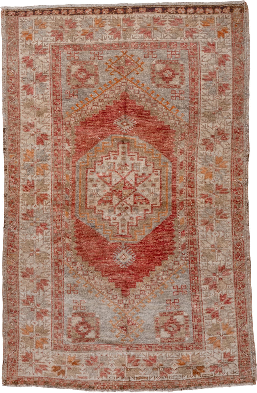 3' x 5' one-of-a-kind handmade vintage Kars small size rug. Color palette: ivory, coral, taupe, rust, saffron, rose