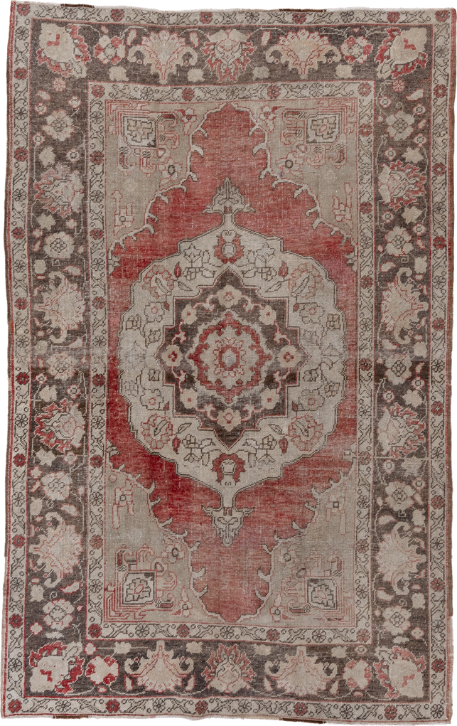 5' x 8' one-of-a-kind handmade vintage Oushak medium size rug. Color palette: ivory, coral, charcoal, taupe, rose