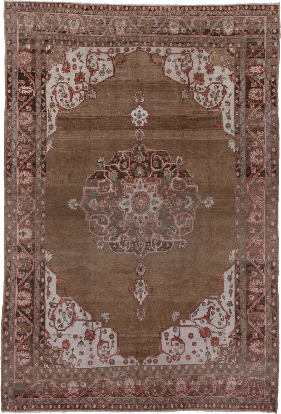 8' x 12' one-of-a-kind handmade vintage Oushak large size rug. Color palette: brown, ivory, rose, taupe, rust, charcoal