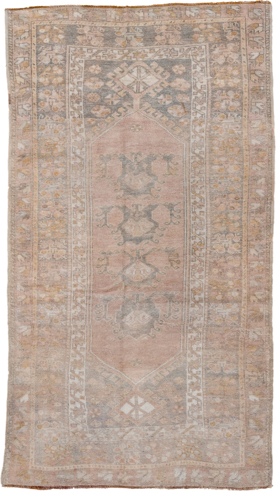 3' x 5' one-of-a-kind handmade vintage Oushak small size rug. Color palette: blush, ivory, taupe, gold, sage, gray_blue