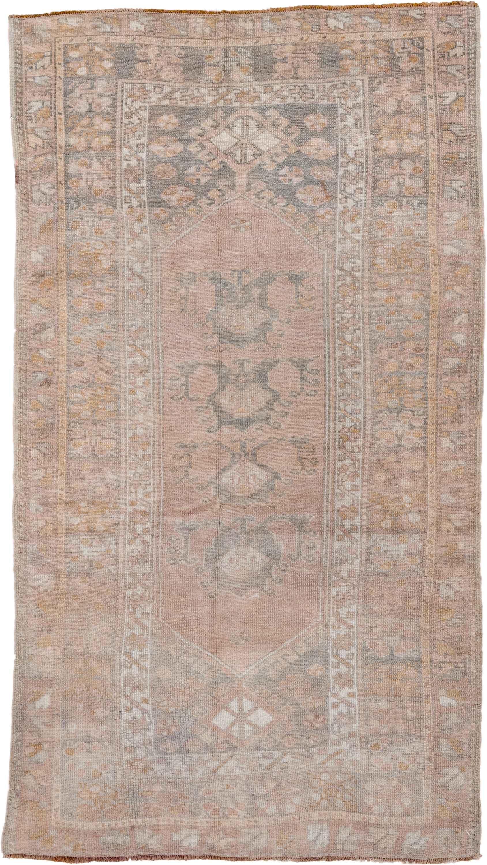 3' x 5' one-of-a-kind handmade vintage Oushak small size rug. Color palette: blush, ivory, taupe, gold, sage, gray_blue
