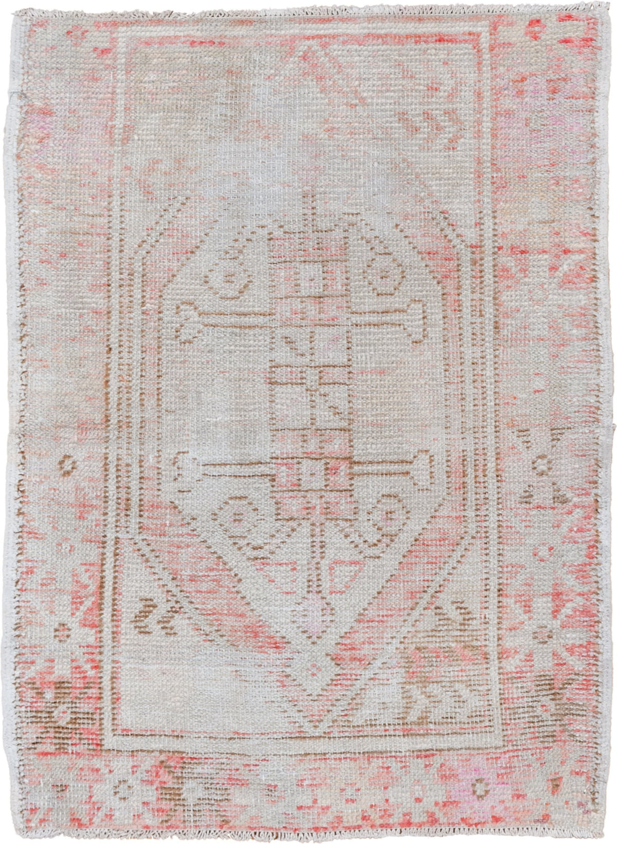 2' x 3' one-of-a-kind handmade vintage Oushak small size rug. Color palette: ivory, blush, taupe, sand, pale coral, pink