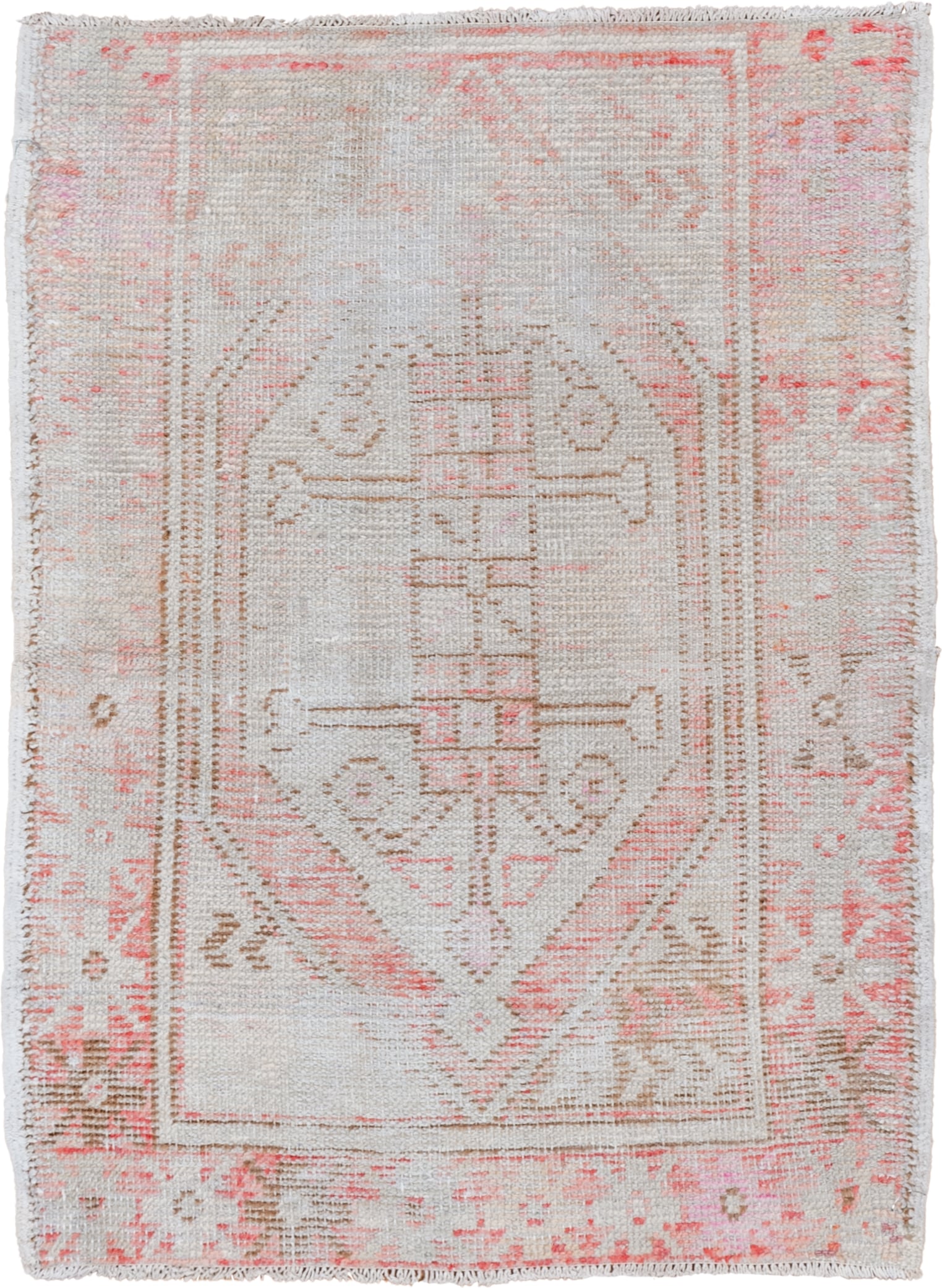 2' x 3' one-of-a-kind handmade vintage Oushak small size rug. Color palette: ivory, blush, taupe, sand, pale coral, pink