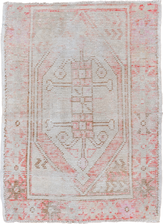 2' x 3' one-of-a-kind handmade vintage Oushak small size rug. Color palette: ivory, blush, taupe, sand, pale coral, pink