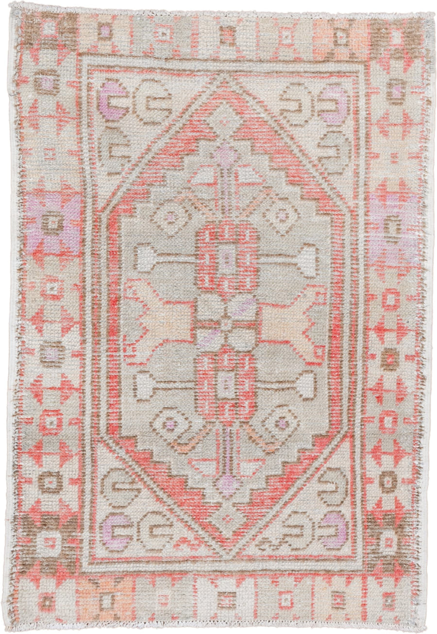 2' x 3' one-of-a-kind handmade vintage Oushak small size rug. Color palette: ivory, coral, taupe, beige, pale lavender