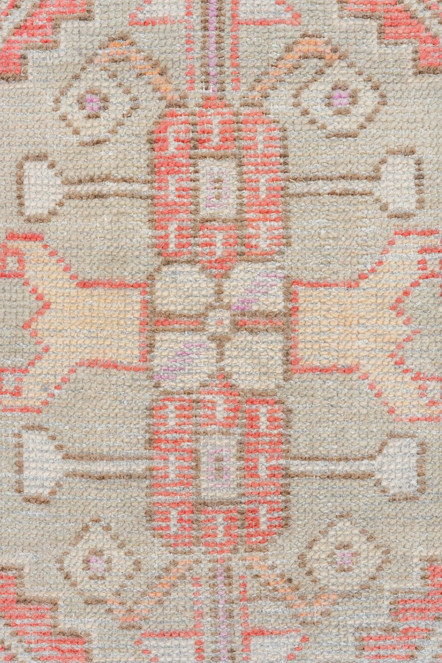 2' x 3' one-of-a-kind handmade vintage Oushak small size rug. Color palette: ivory, coral, taupe, beige, pale lavender