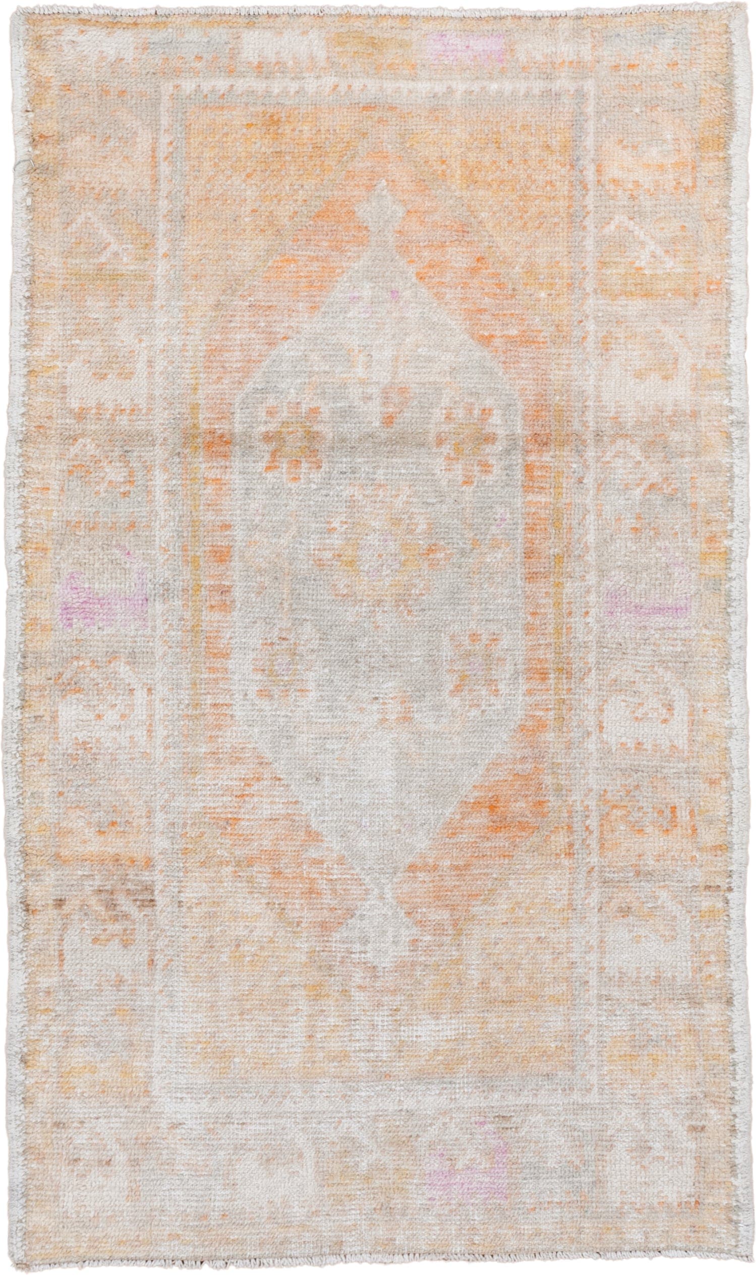2' x 4' one-of-a-kind handmade vintage Oushak small size rug. Color palette: ivory, peach, cream, blush, pale gold