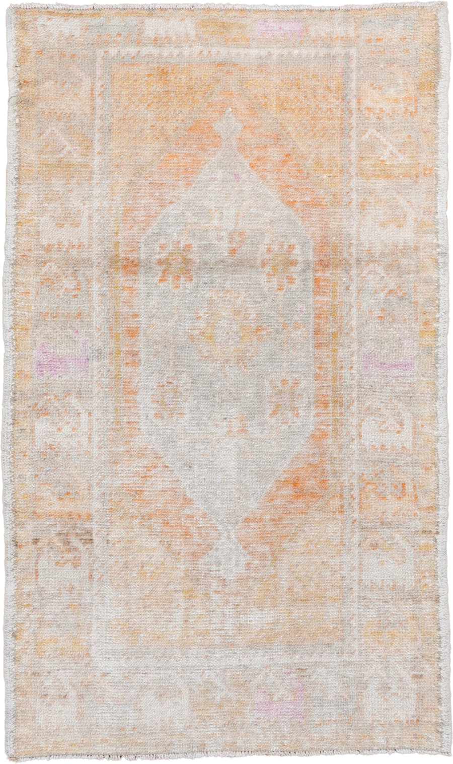 2' x 4' one-of-a-kind handmade vintage Oushak small size rug. Color palette: ivory, peach, cream, blush, pale gold
