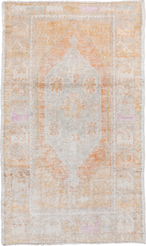 2' x 4' one-of-a-kind handmade vintage Oushak small size rug. Color palette: brown, dark gray, gainsboro, gray, light gray