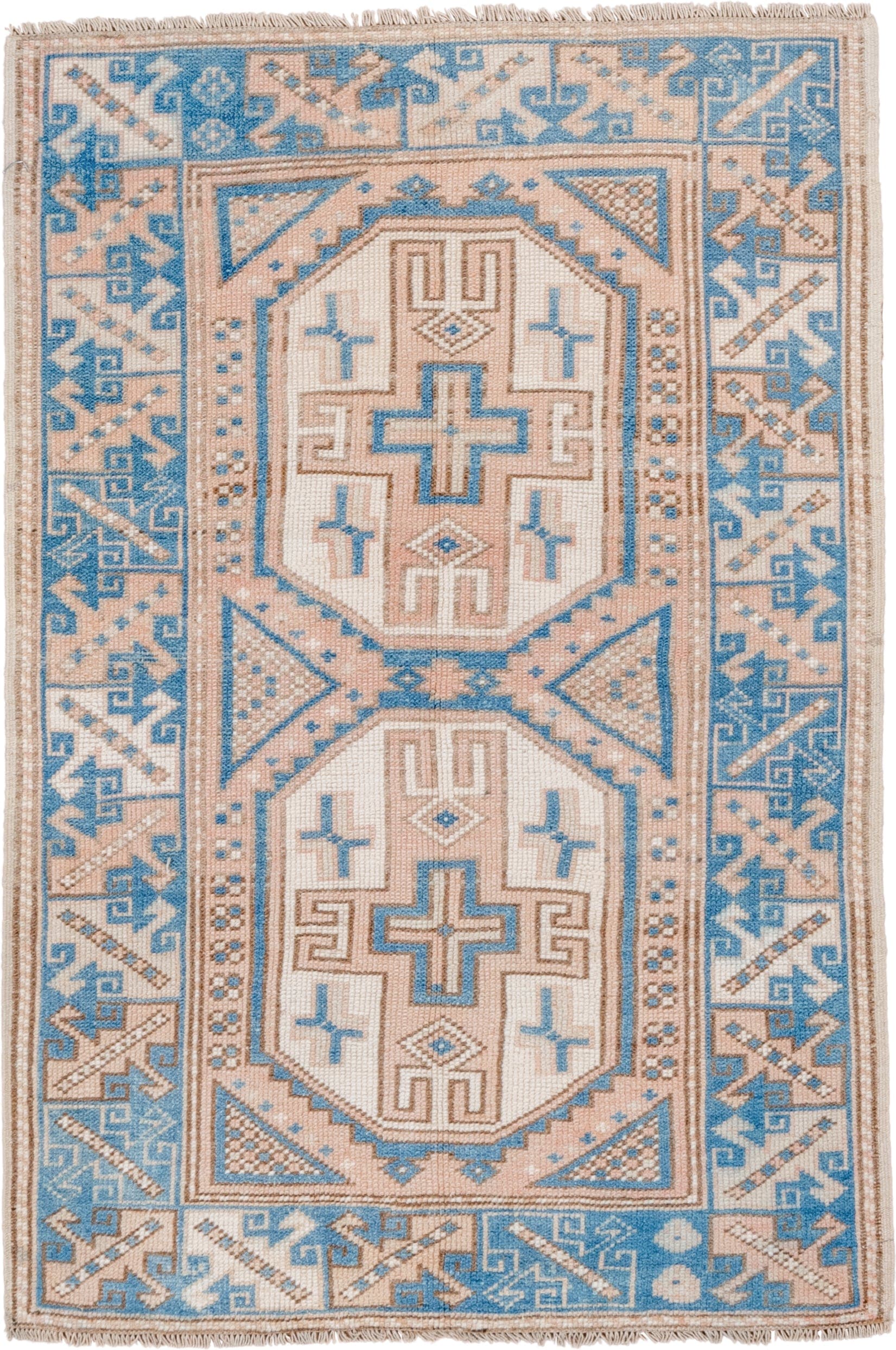 3' x 4' one-of-a-kind handmade vintage Oushak small size rug. Color palette: ivory, sky_blue, peach, beige, camel