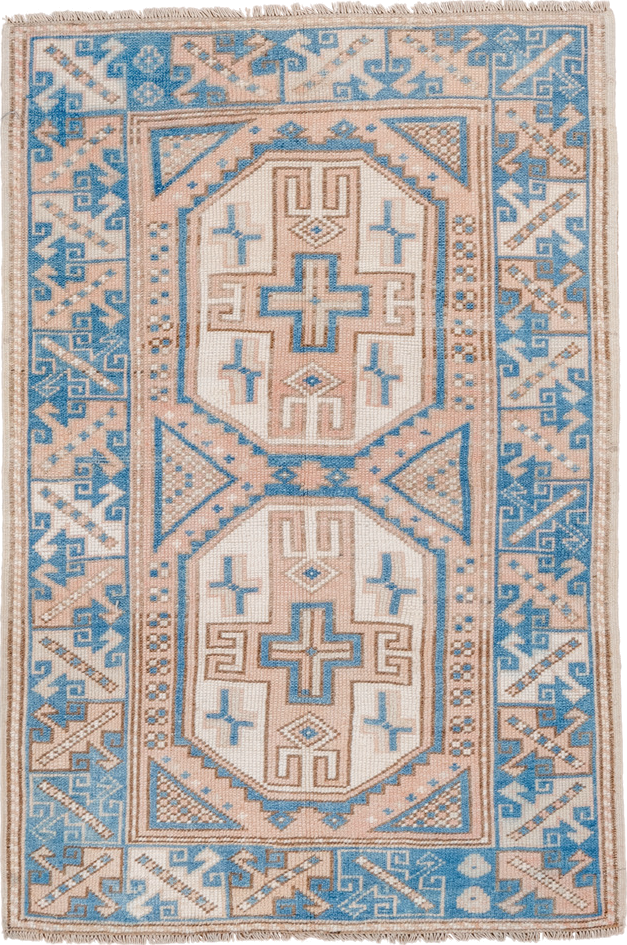 3' x 4' one-of-a-kind handmade vintage Oushak small size rug. Color palette: ivory, sky_blue, peach, beige, camel