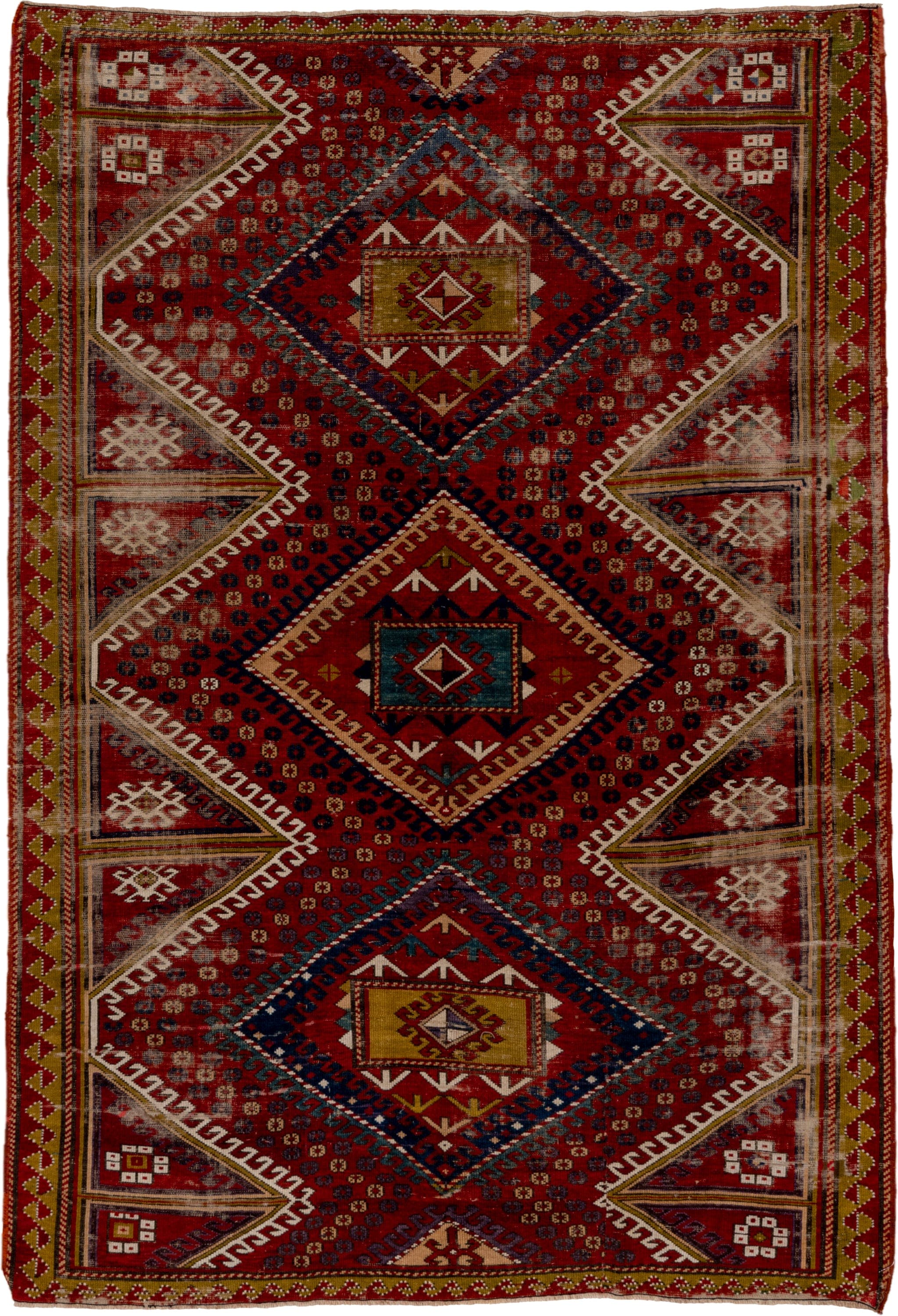 5' x 7' one-of-a-kind handmade vintage Kazak rug. Color palette: red, ivory, navy, olive, gold, rust, sky_blue, brown, blue