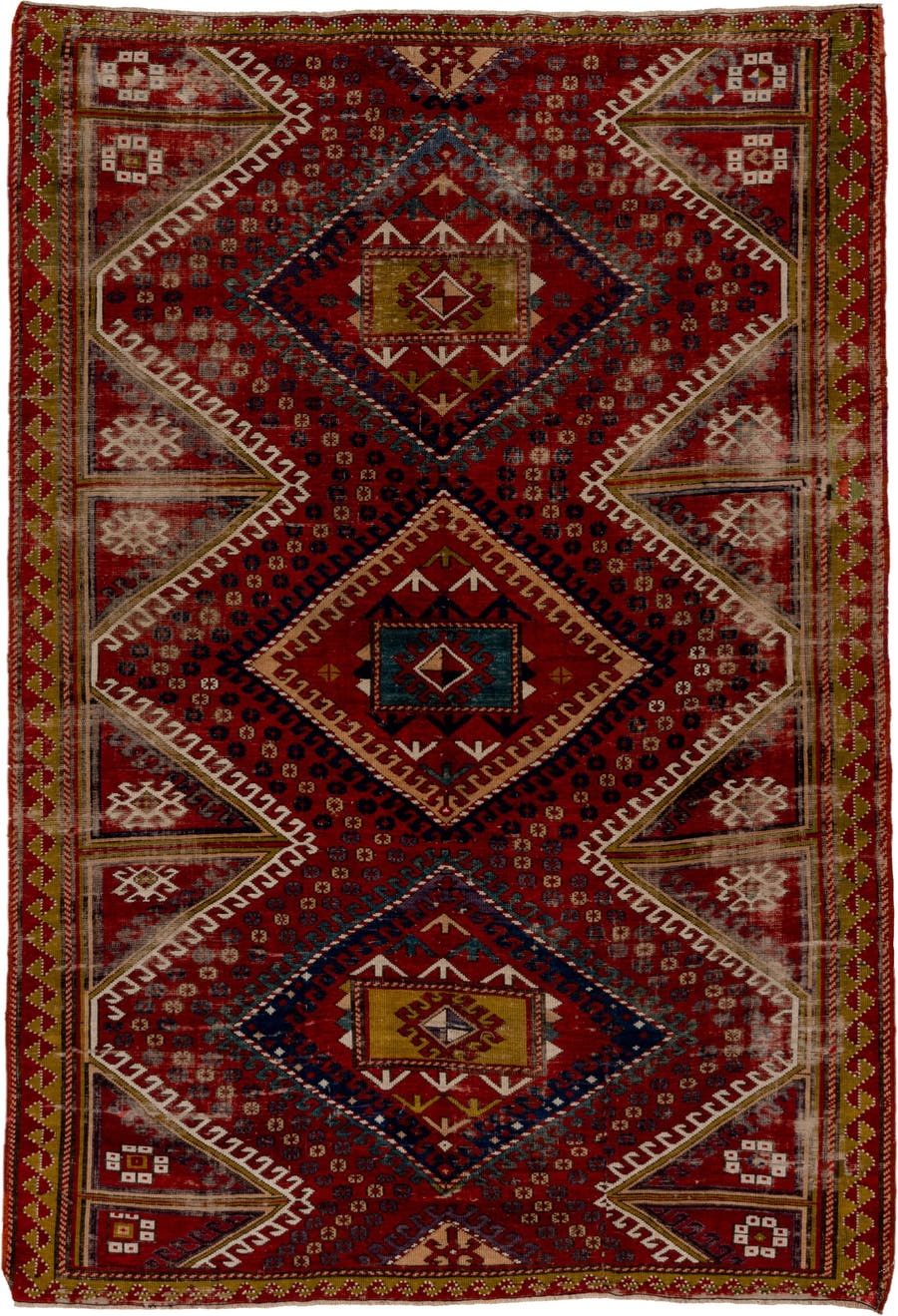 5' x 7' one-of-a-kind handmade vintage Kazak rug. Color palette: red, ivory, navy, olive, gold, rust, sky_blue, brown, blue