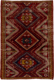 5' x 7' one-of-a-kind handmade vintage Kazak rug. Color palette: red, ivory, navy, olive, gold, rust, sky_blue, brown, blue
