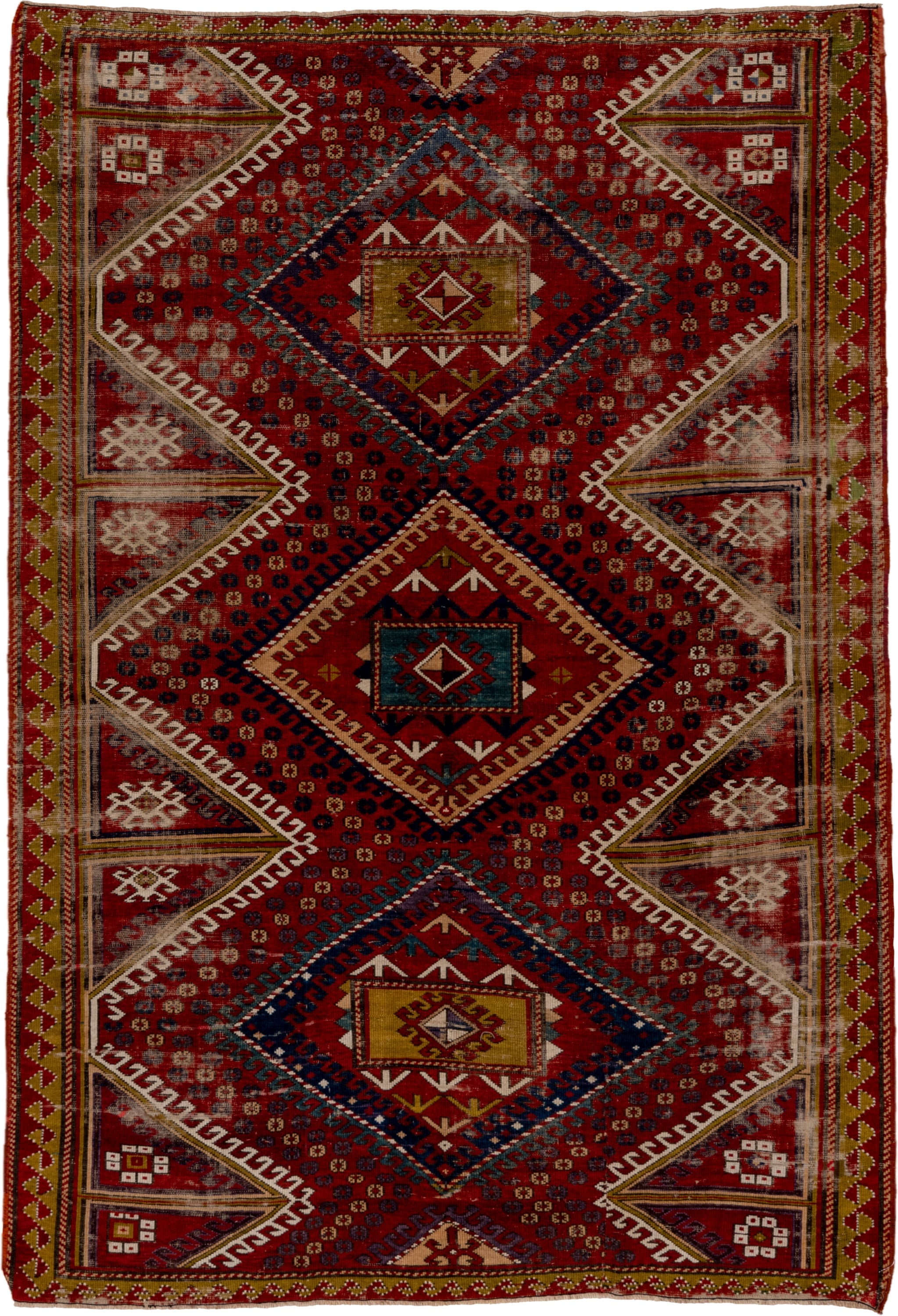 5' x 7' one-of-a-kind handmade vintage Kazak rug. Color palette: red, ivory, navy, olive, gold, rust, sky_blue, brown, blue