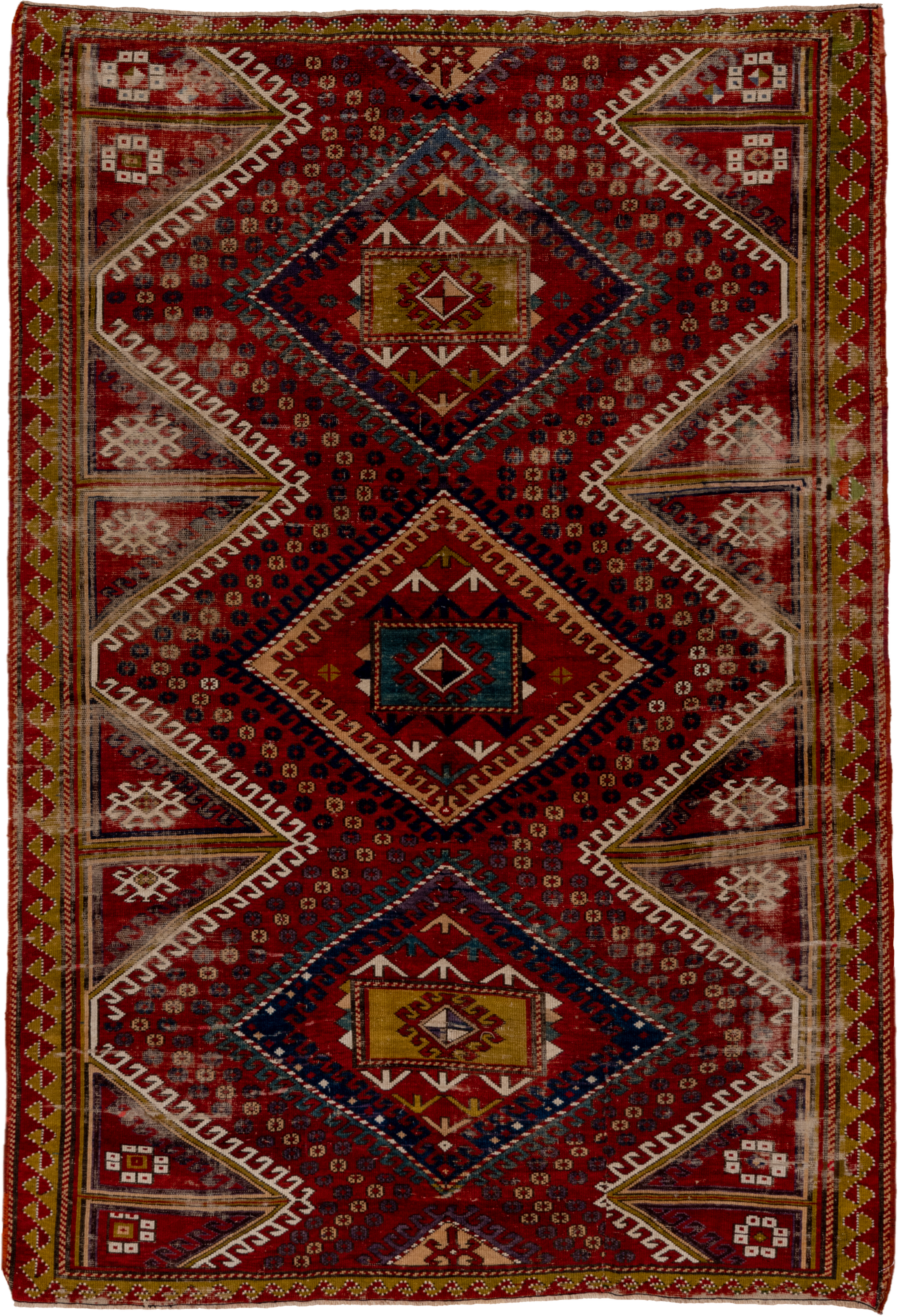 5' x 7' one-of-a-kind handmade vintage Kazak rug. Color palette: red, ivory, navy, olive, gold, rust, sky_blue, brown, blue