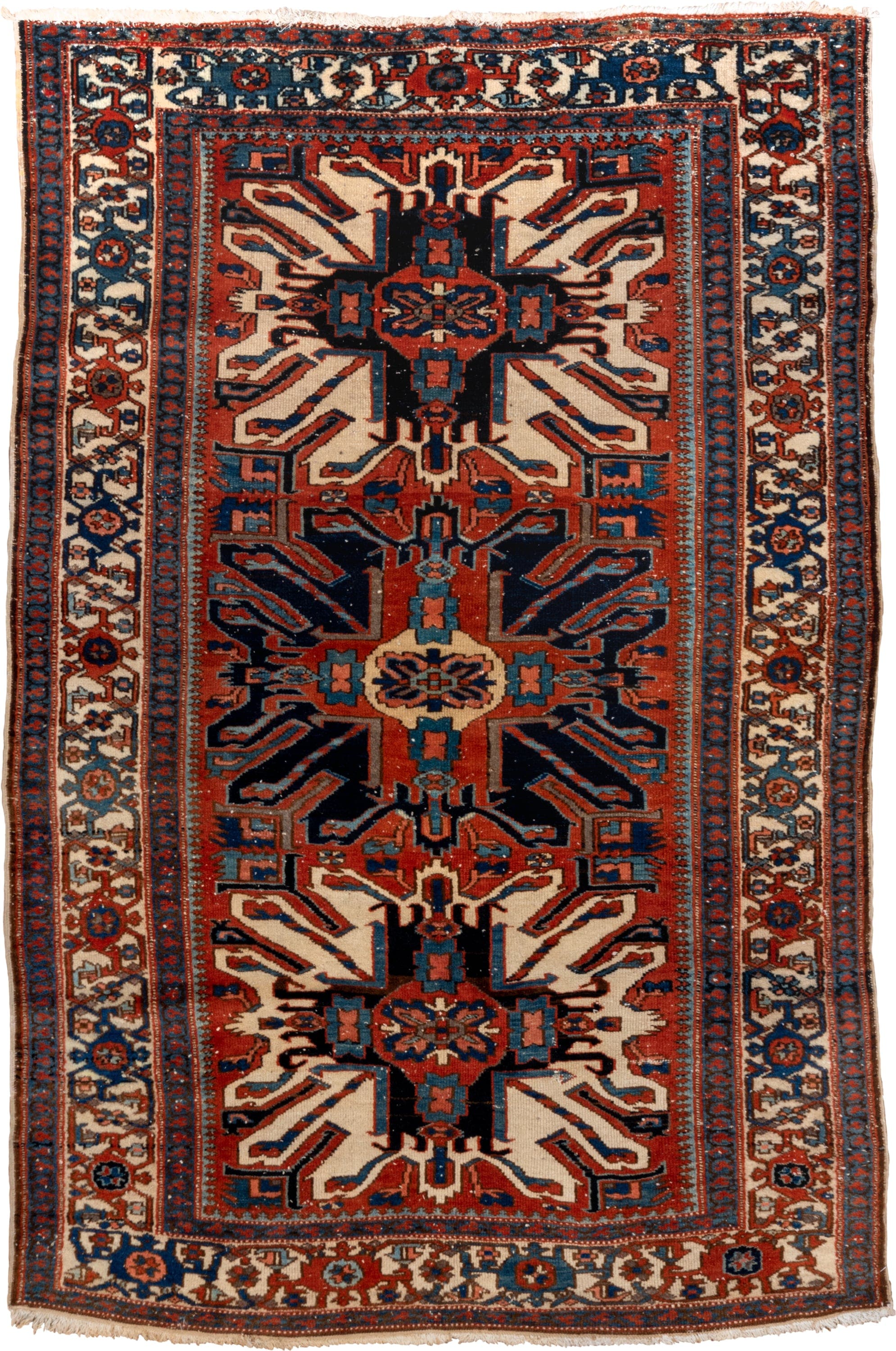 4' x 7' one-of-a-kind handmade vintage Heriz rug. Color palette: rust, ivory, navy, sky_blue, terracotta, charcoal, brown