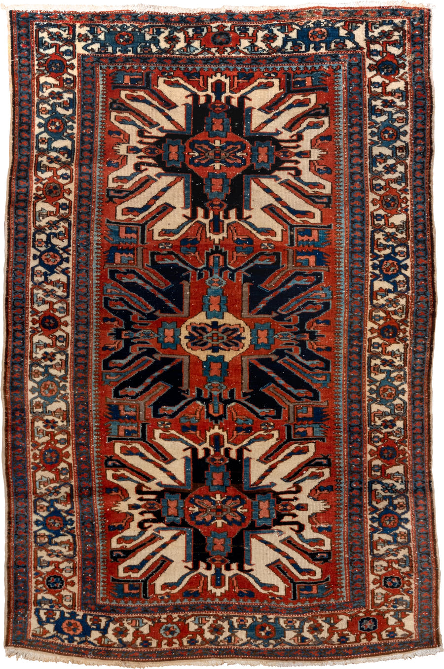 4' x 7' one-of-a-kind handmade vintage Heriz rug. Color palette: rust, ivory, navy, sky_blue, terracotta, charcoal, brown