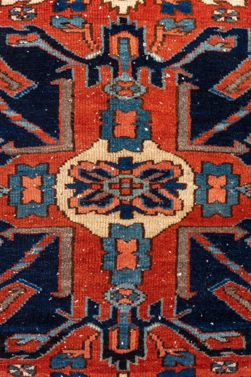 4' x 7' one-of-a-kind handmade vintage Heriz rug. Color palette: rust, ivory, navy, sky_blue, terracotta, charcoal, brown