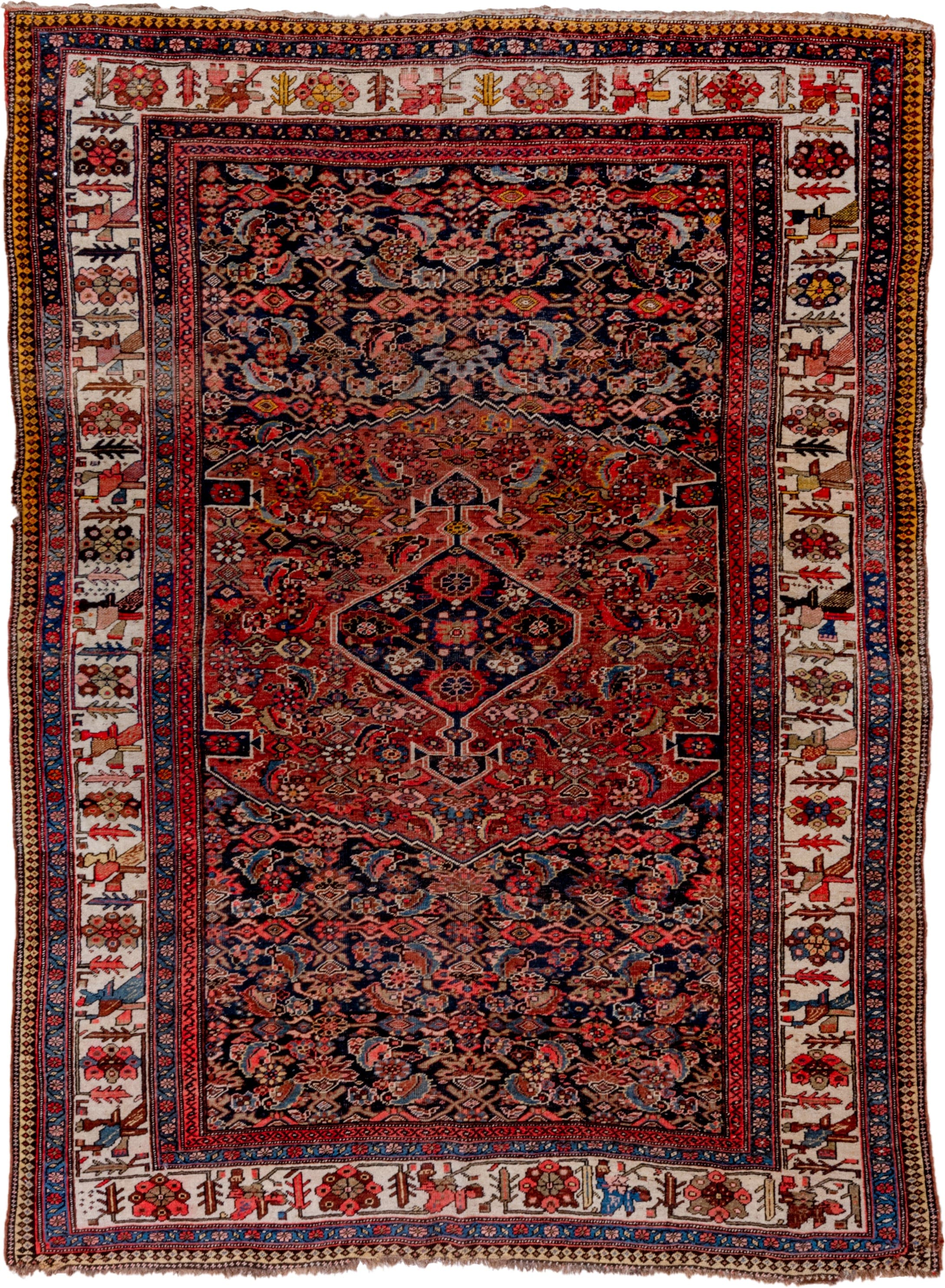 6' x 9' one-of-a-kind handmade vintage Bidjar medium size rug. Color palette: navy, rust, ivory, red, coral, blue, gold