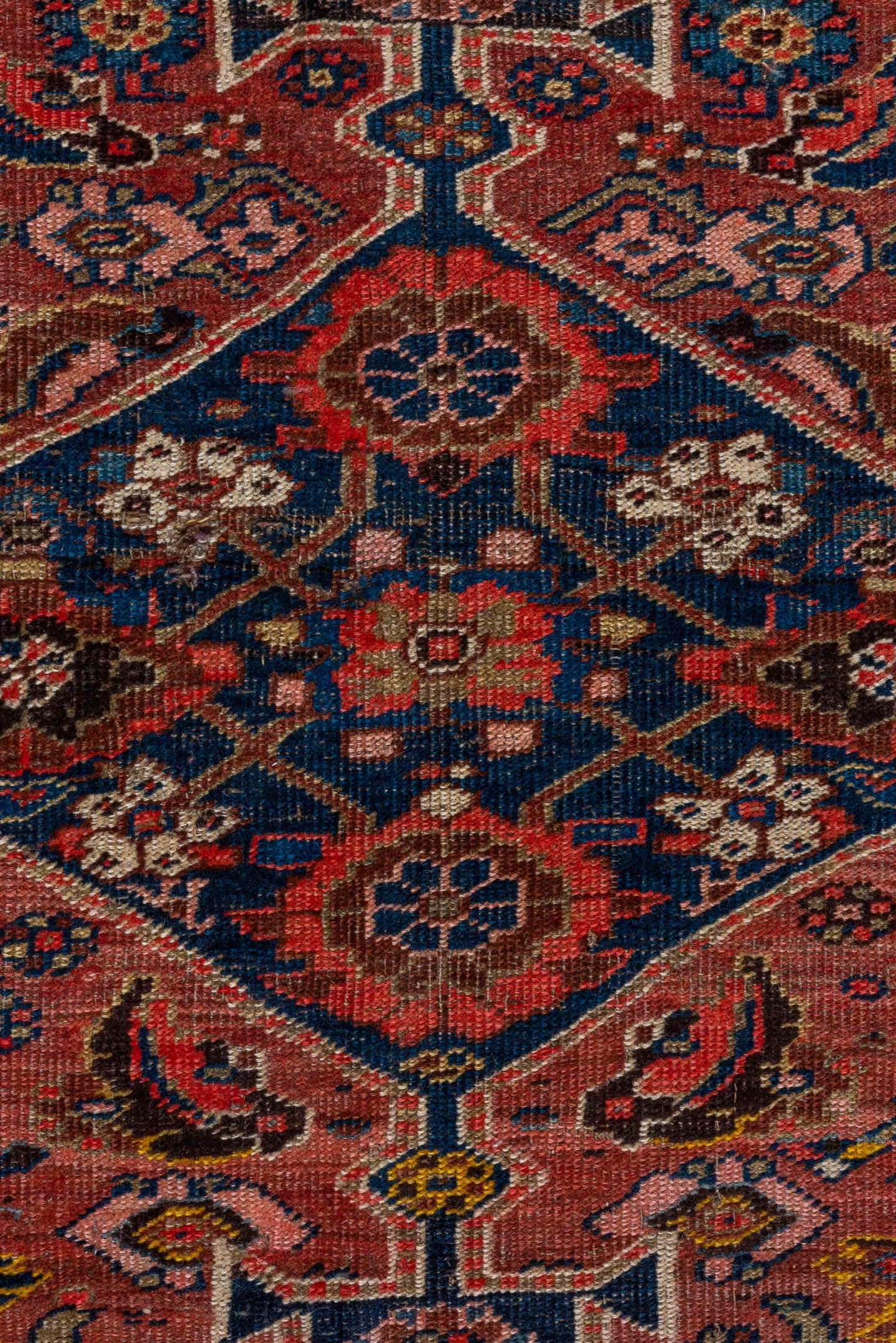 6' x 9' one-of-a-kind handmade vintage Bidjar medium size rug. Color palette: navy, rust, ivory, red, coral, blue, gold