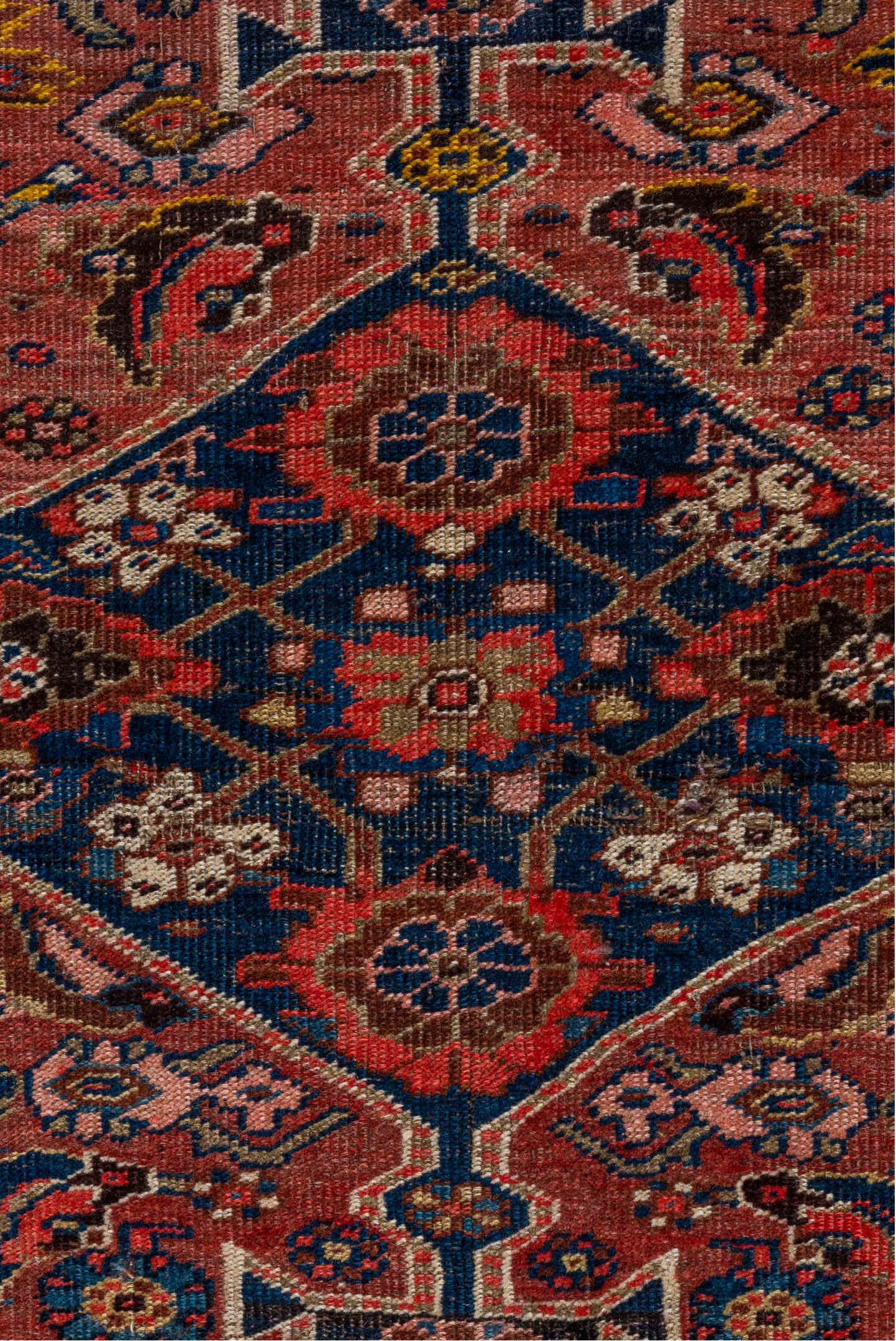 6' x 9' one-of-a-kind handmade vintage Bidjar medium size rug. Color palette: navy, rust, ivory, red, coral, blue, gold
