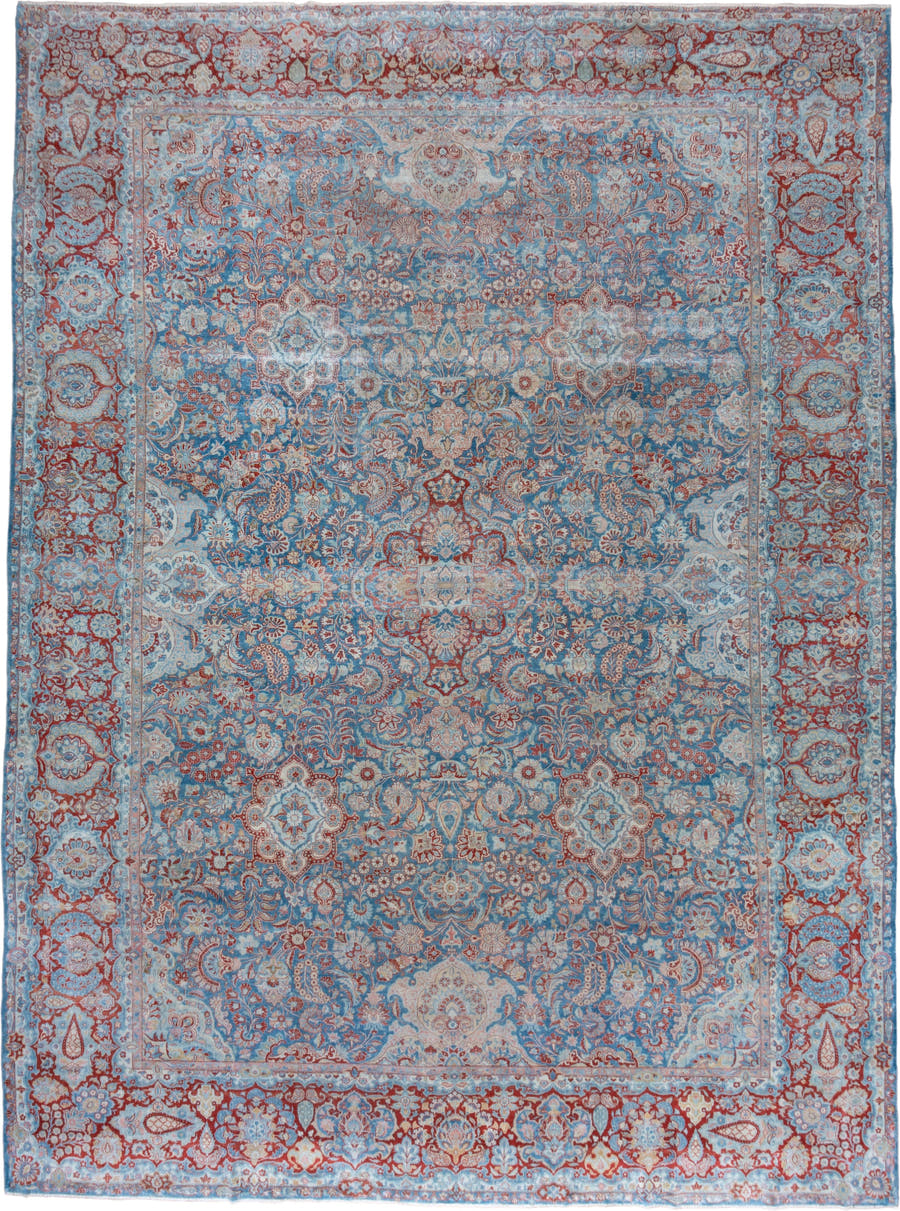 11' x 16' one-of-a-kind handmade vintage Kashan oversize rug. Color palette: sky blue, ivory, rust, powder blue, terracotta