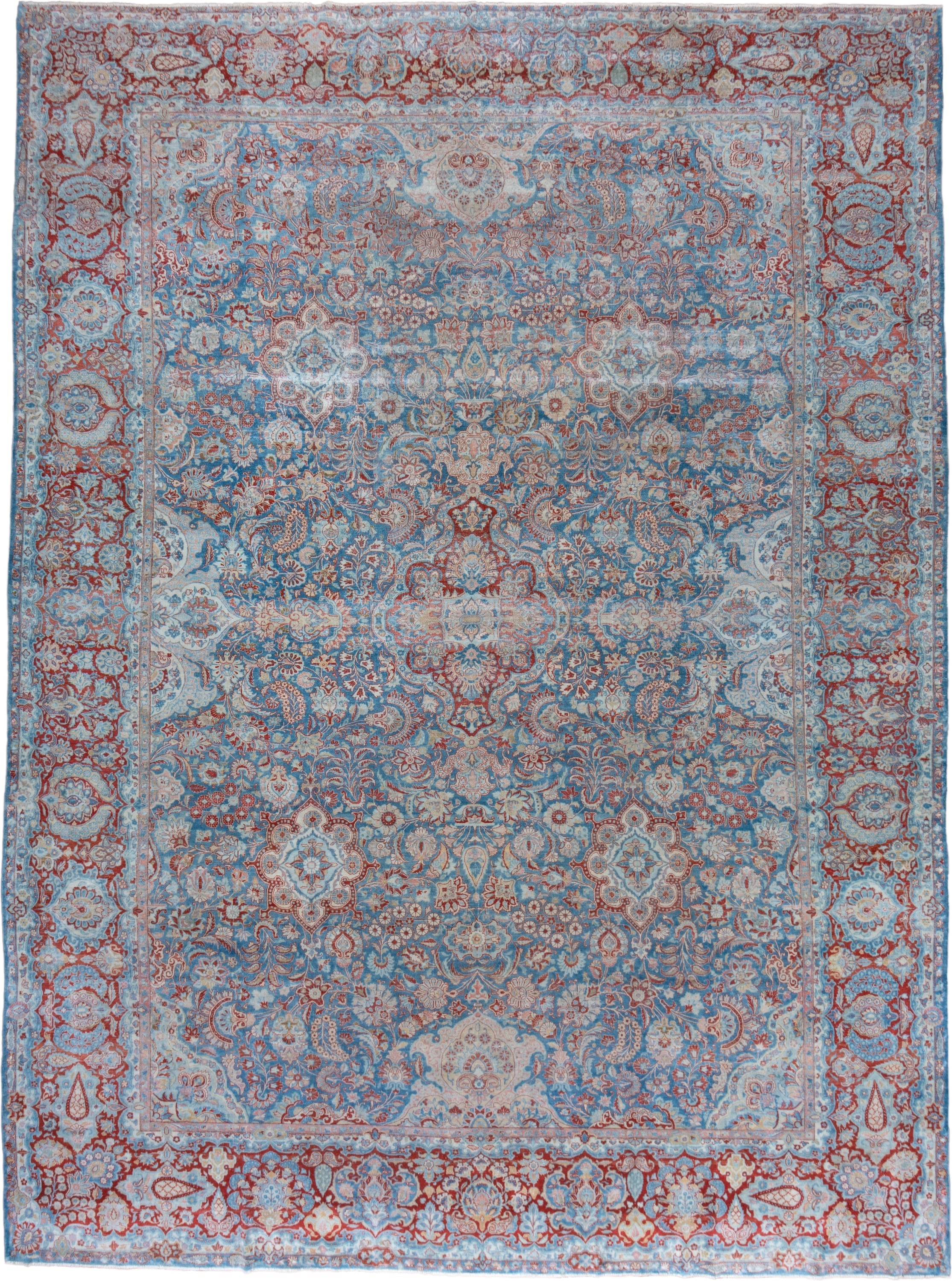 11' x 16' one-of-a-kind handmade vintage Kashan oversize rug. Color palette: sky blue, ivory, rust, powder blue, terracotta