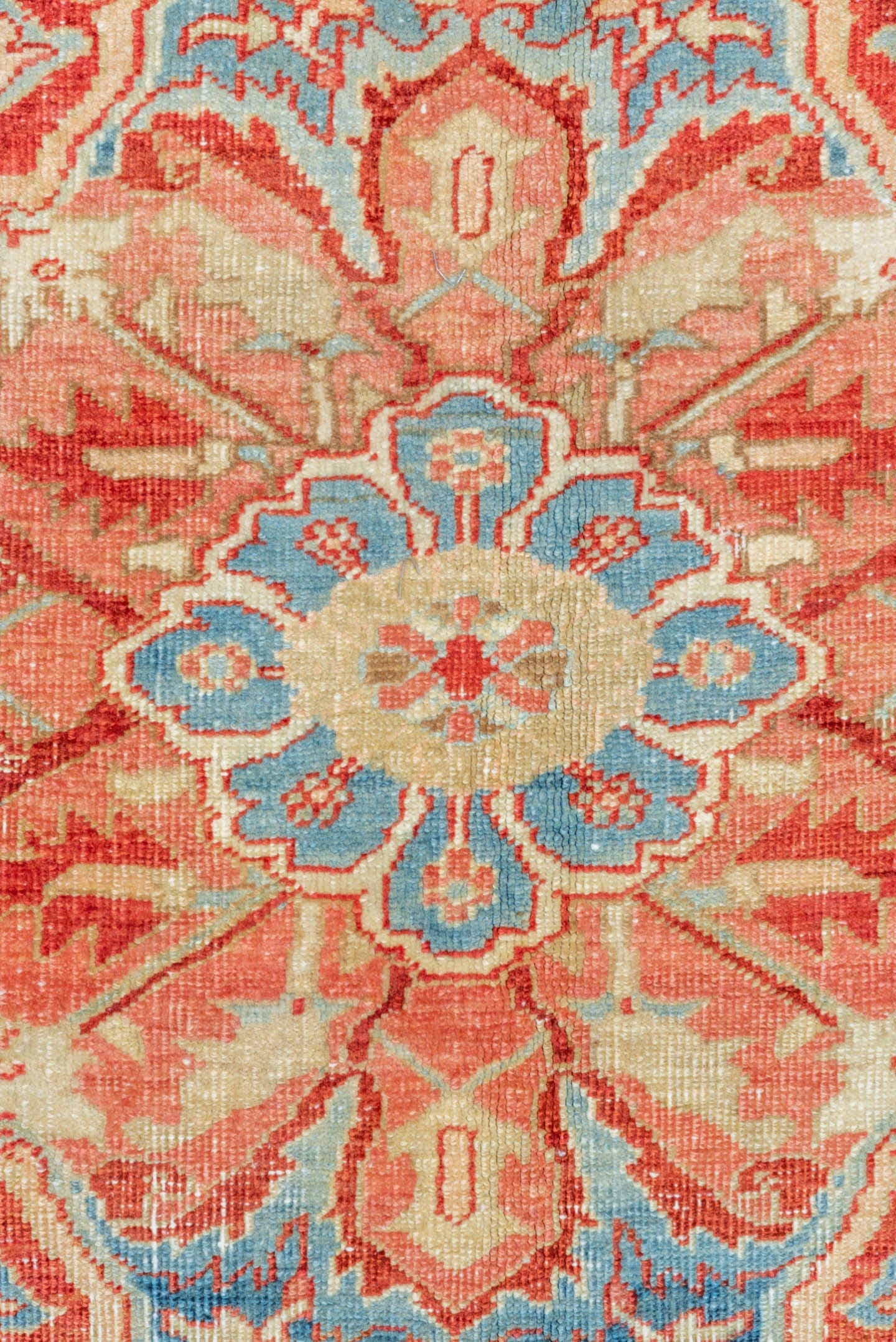 10' x 13' one-of-a-kind handmade vintage Heriz large size rug. Color palette: ivory, sky blue, coral, red, powder blue