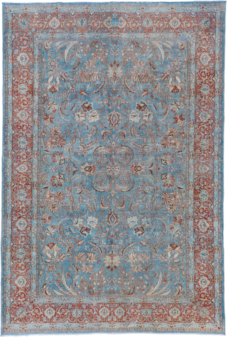 6' x 9' one-of-a-kind handmade vintage Tabriz medium size rug. Color palette: sky blue, rust, ivory, rose, taupe, light blue