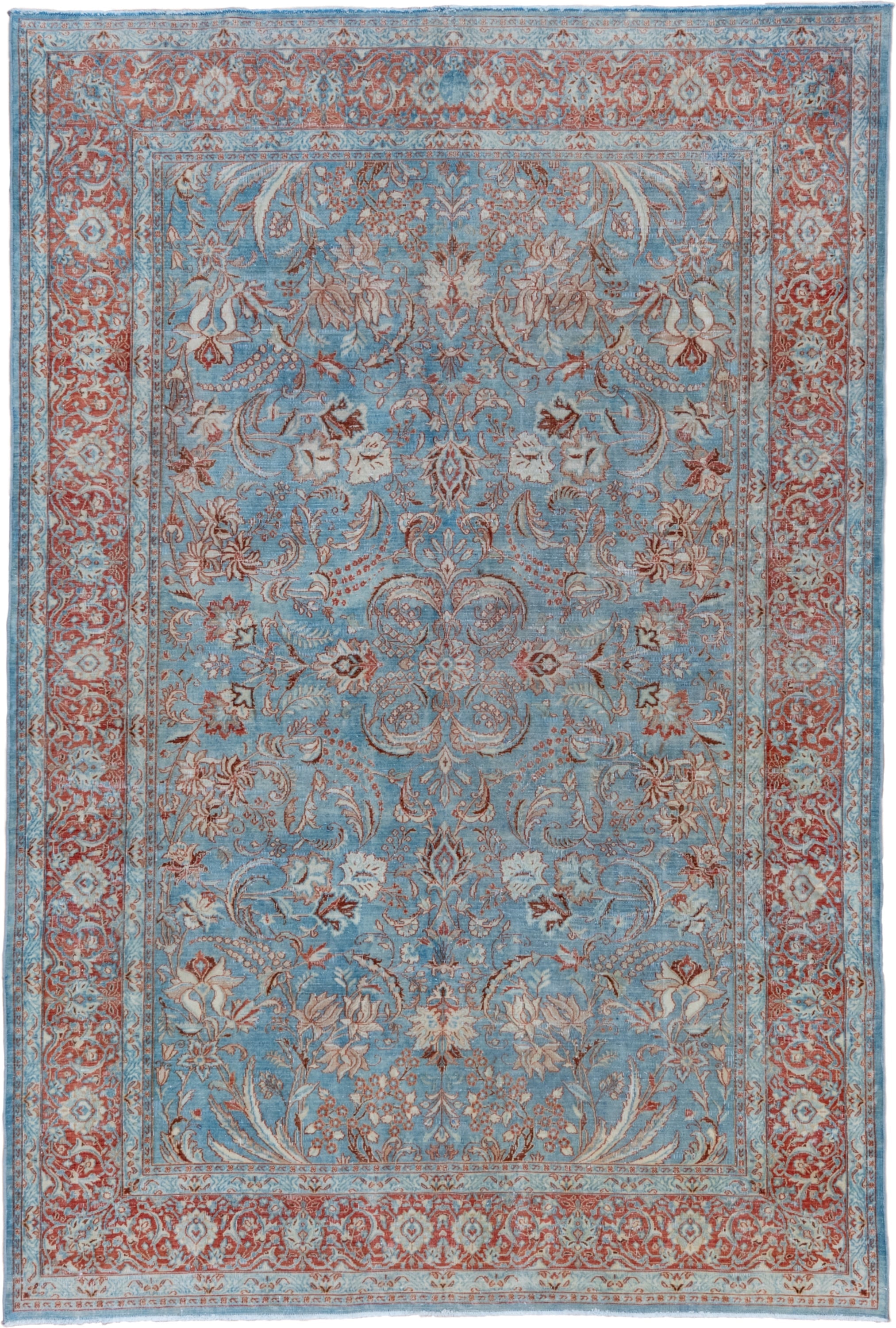 6' x 9' one-of-a-kind handmade vintage Tabriz medium size rug. Color palette: sky blue, rust, ivory, rose, taupe, light blue