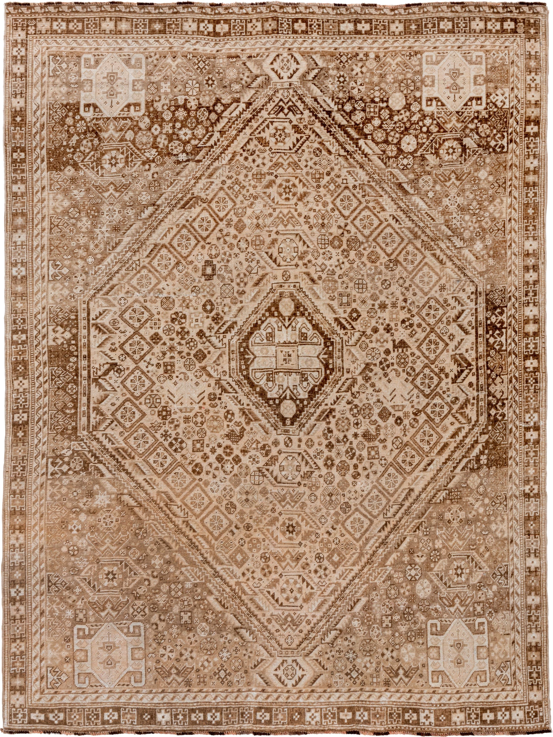7' x 9' one-of-a-kind handmade vintage Shiraz rug. Color palette: camel, ivory, taupe, brown, sand, beige, gray