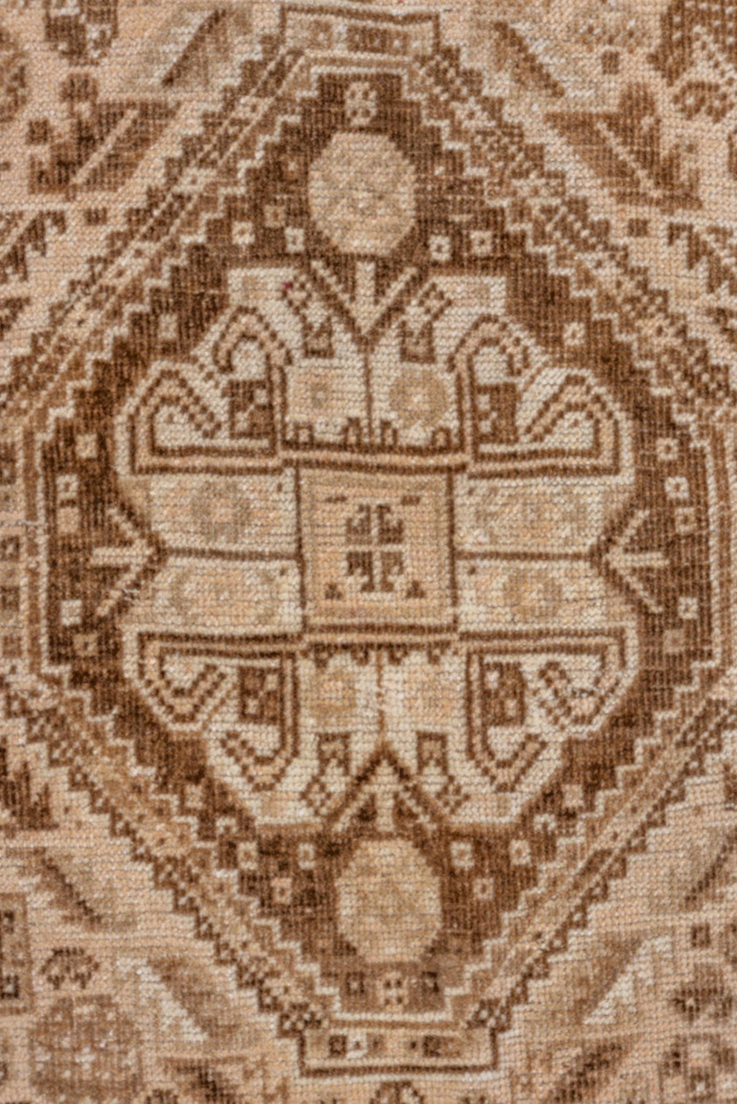 7' x 9' one-of-a-kind handmade vintage Shiraz rug. Color palette: camel, ivory, taupe, brown, sand, beige, gray