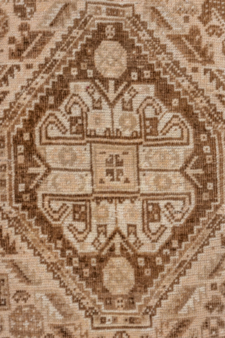 7' x 9' one-of-a-kind handmade vintage Shiraz rug. Color palette: camel, ivory, taupe, brown, sand, beige, gray