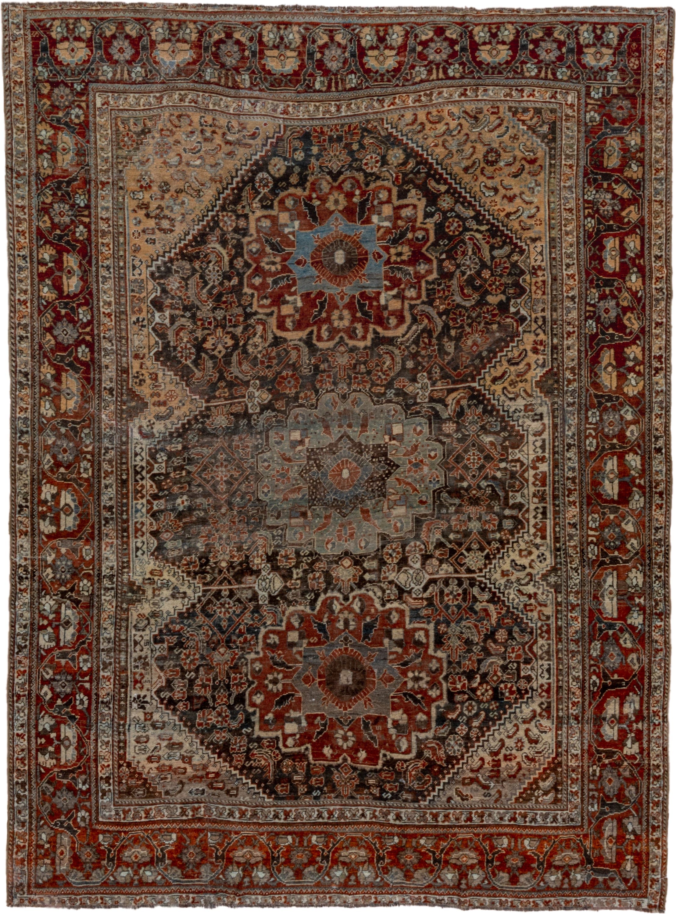 7' x 9' one-of-a-kind handmade vintage Shiraz rug. Color palette: rust, ivory, charcoal, slate, terracotta, brown, sky_blue