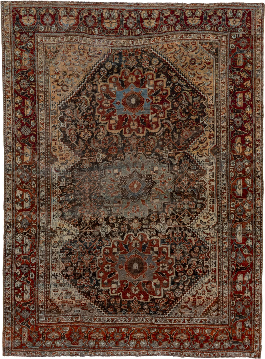 7' x 9' one-of-a-kind handmade vintage Shiraz rug. Color palette: rust, ivory, charcoal, slate, terracotta, brown, sky_blue