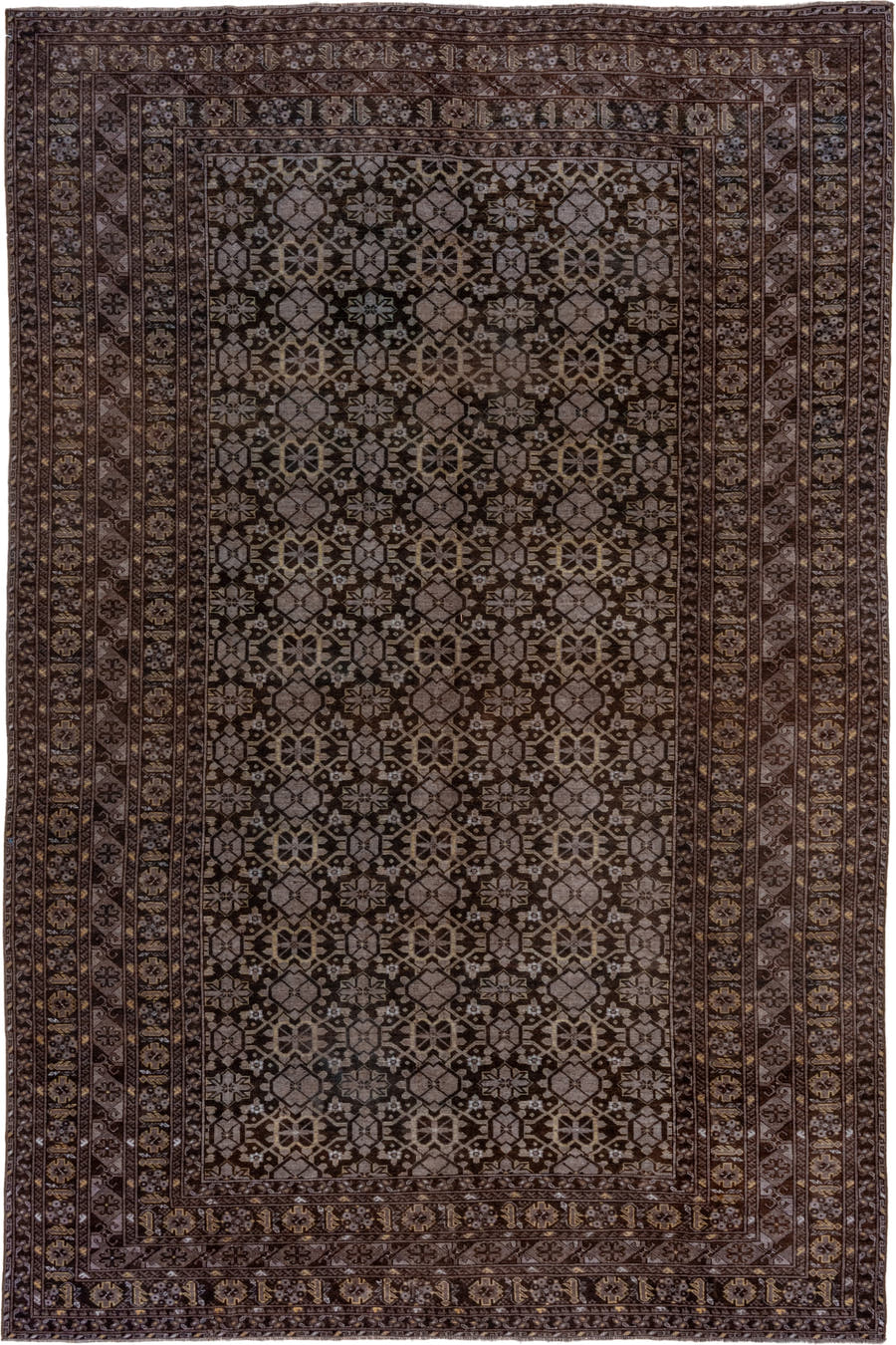 9' x 14' one-of-a-kind handmade vintage Afghan large size rug. Color palette: brown, taupe, ivory, charcoal, camel, beige
