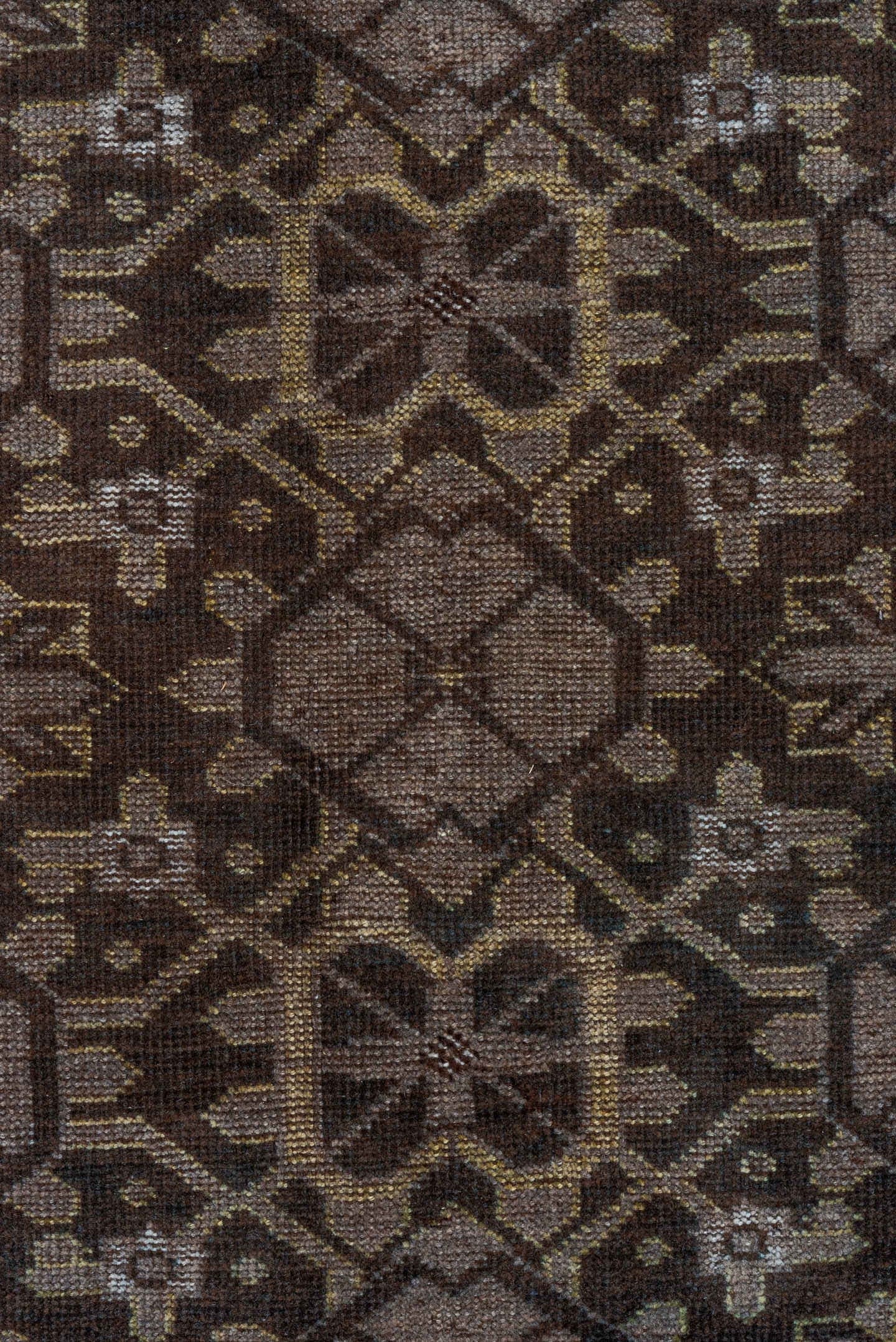 9' x 14' one-of-a-kind handmade vintage Afghan large size rug. Color palette: brown, taupe, ivory, charcoal, camel, beige