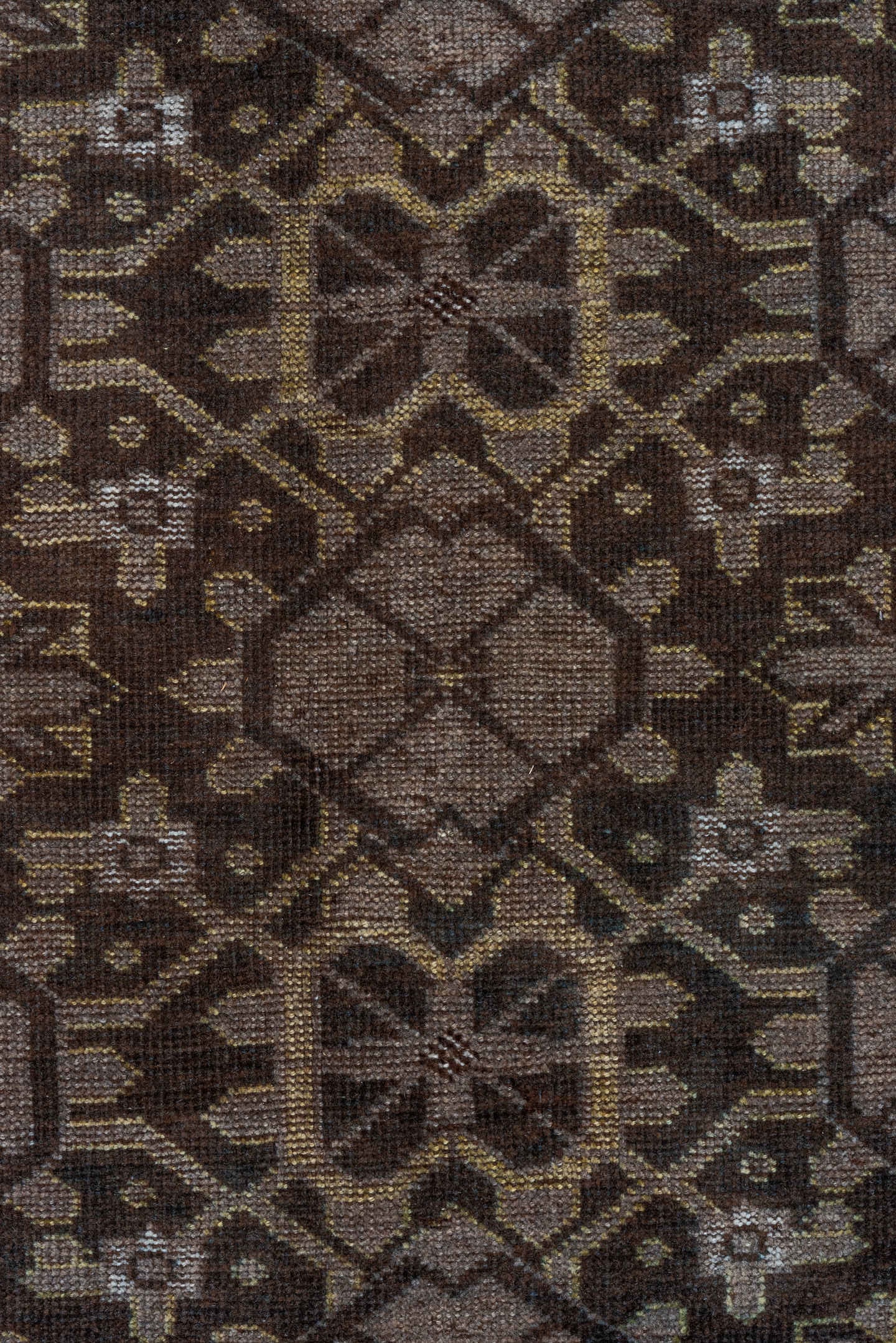 9' x 14' one-of-a-kind handmade vintage Afghan large size rug. Color palette: brown, taupe, ivory, charcoal, camel, beige