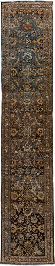3' x 16' one-of-a-kind handmade vintage Malayer runner rug. Color palette: brown, slate, camel, ivory, gold, taupe, charcoal