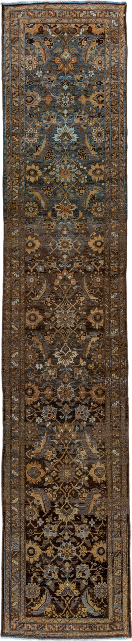 3' x 16' one-of-a-kind handmade vintage Malayer runner rug. Color palette: brown, slate, camel, ivory, gold, taupe, charcoal