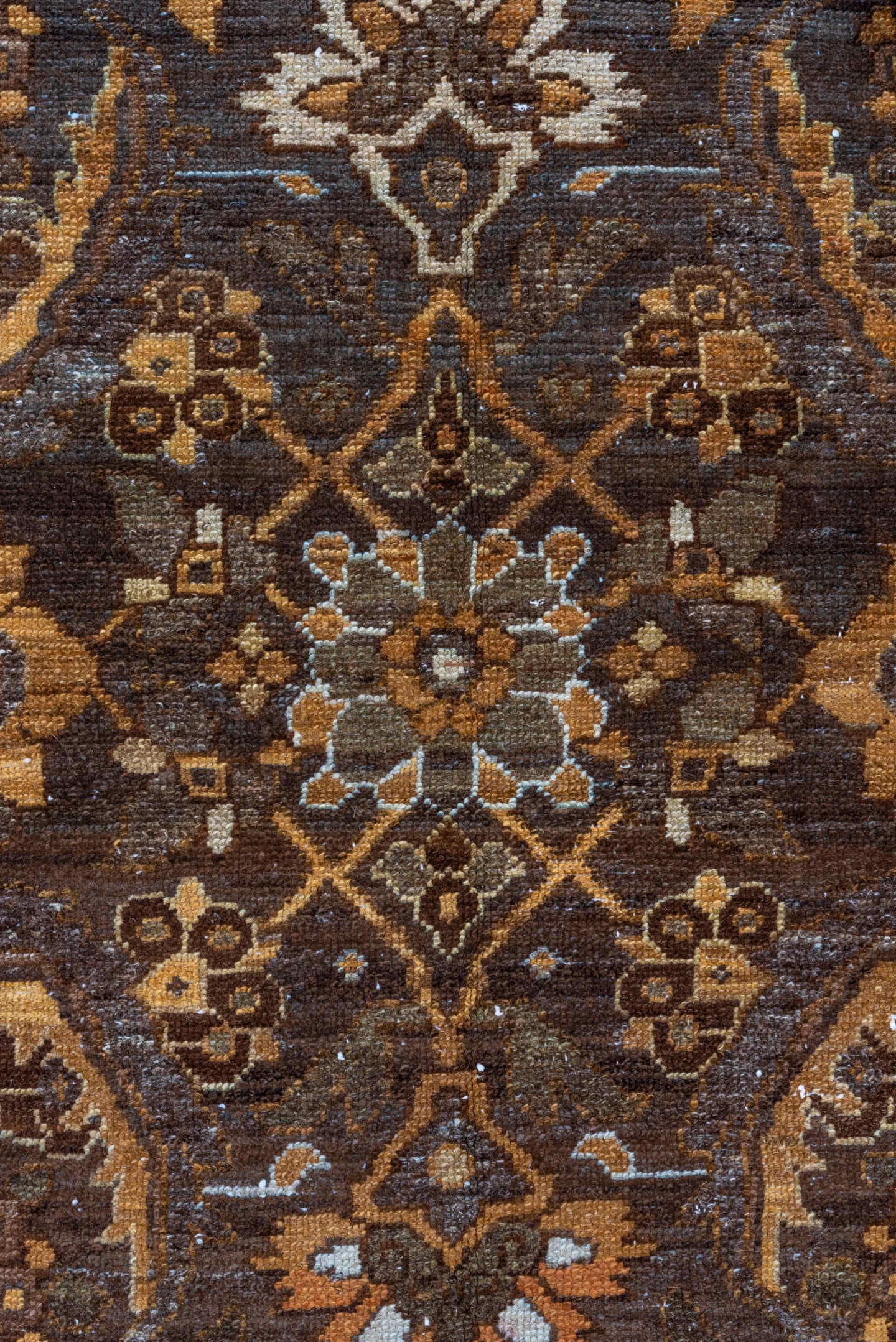 3' x 16' one-of-a-kind handmade vintage Malayer runner rug. Color palette: brown, slate, camel, ivory, gold, taupe, charcoal