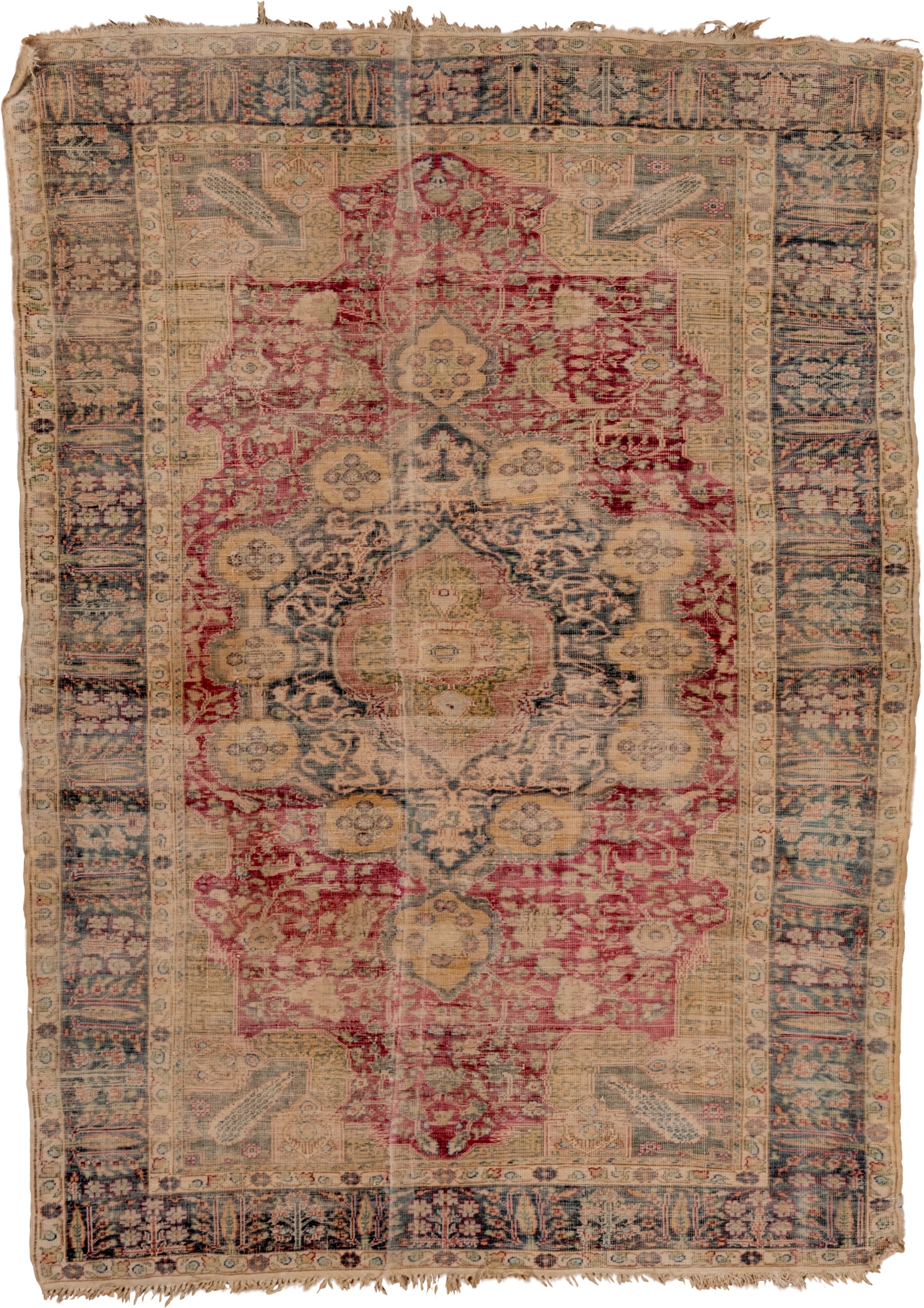 4' x 5' one-of-a-kind handmade vintage Melas small size rug. Color palette: rose, ivory, blue, beige, charcoal, taupe