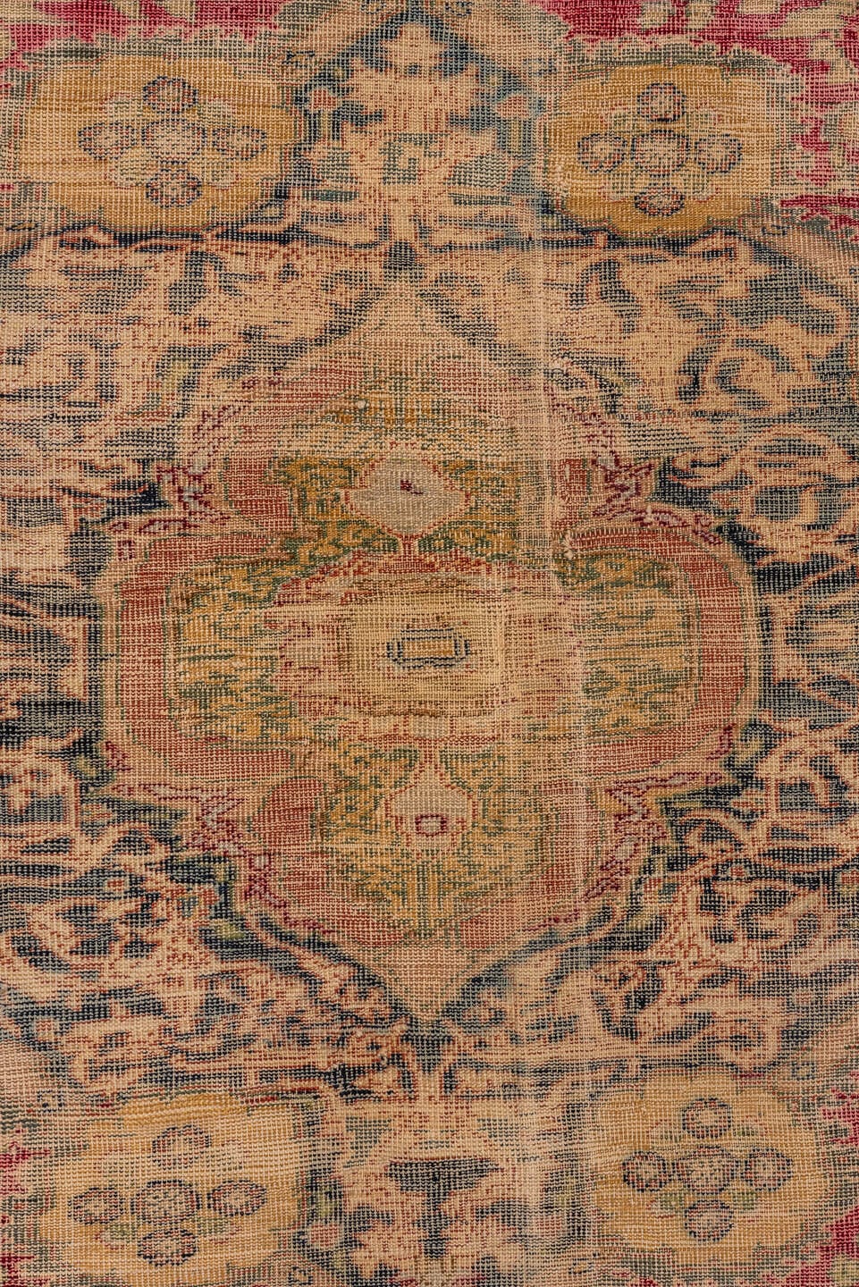 4' x 5' one-of-a-kind handmade vintage Melas small size rug. Color palette: rose, ivory, blue, beige, charcoal, taupe