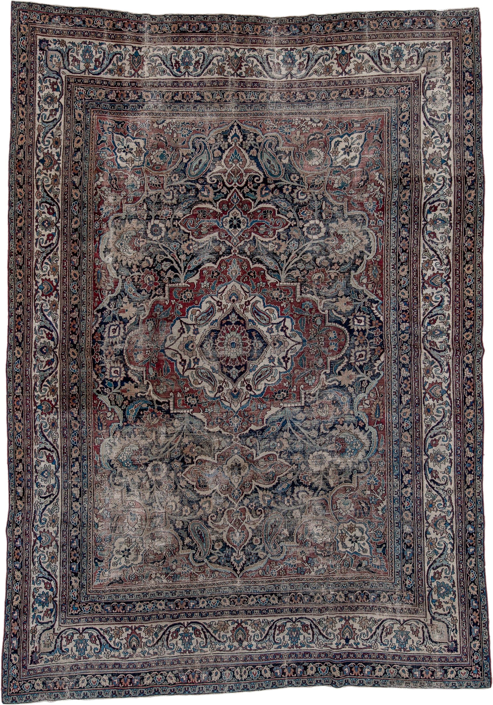 9' x 13' one-of-a-kind handmade vintage Meshed large size rug. Color palette: ivory, navy, rust, sky blue, slate, burgundy